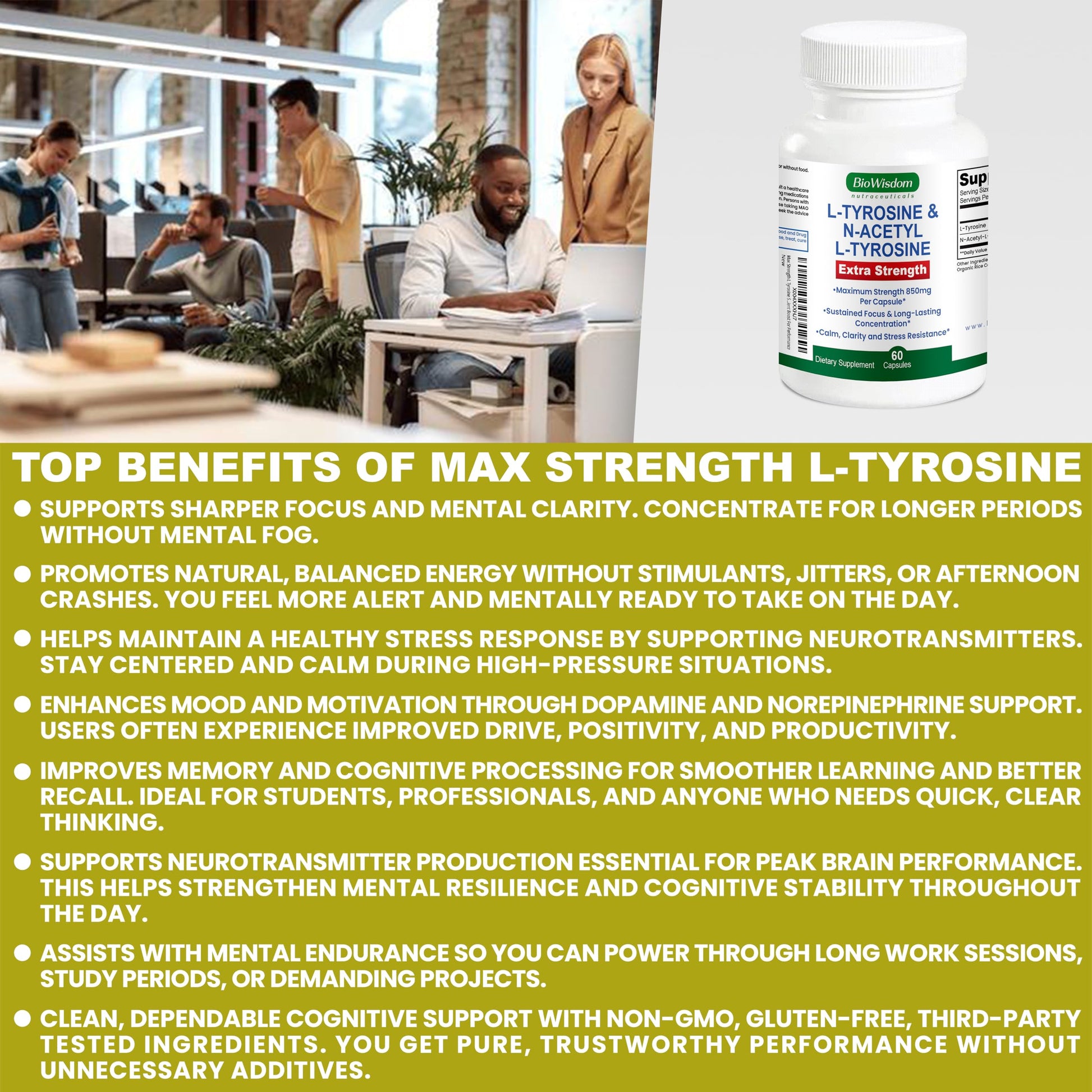 Max Strength L Tyrosine Supplement & N Acetyl L Tyrosine Peak Focus, Alertness, Concentration, Body & Mind Energy. L-Tyrosine 850mg Per 1 Capsule. A Well-Being Nutrient Boost For Performance BioWisdom Nutraceuticals Au supplements