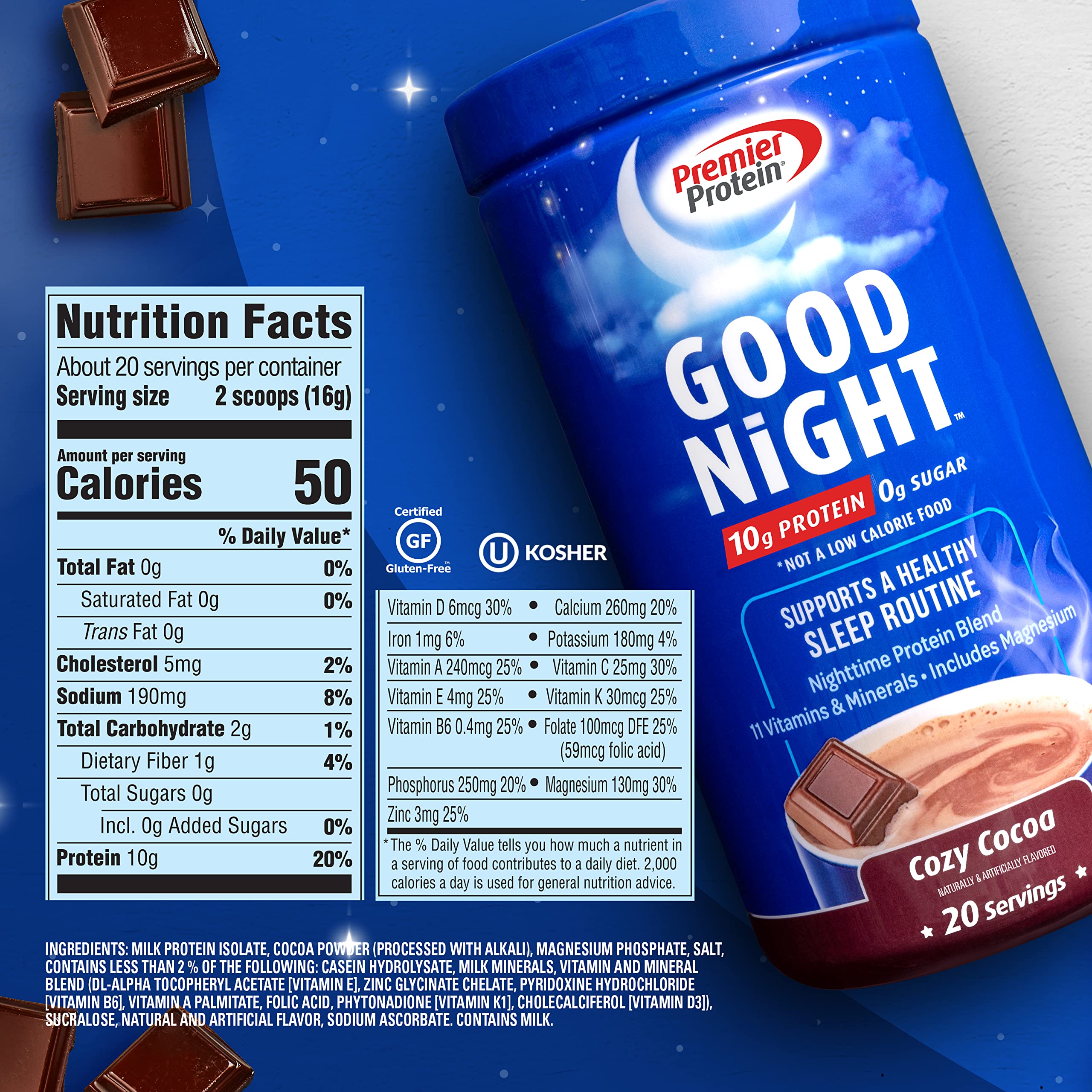 Premier Protein Good Night Protein Powder, Hot Cocoa Mix, 10g Protein, 0g Sugar Premier Protein Au supplements