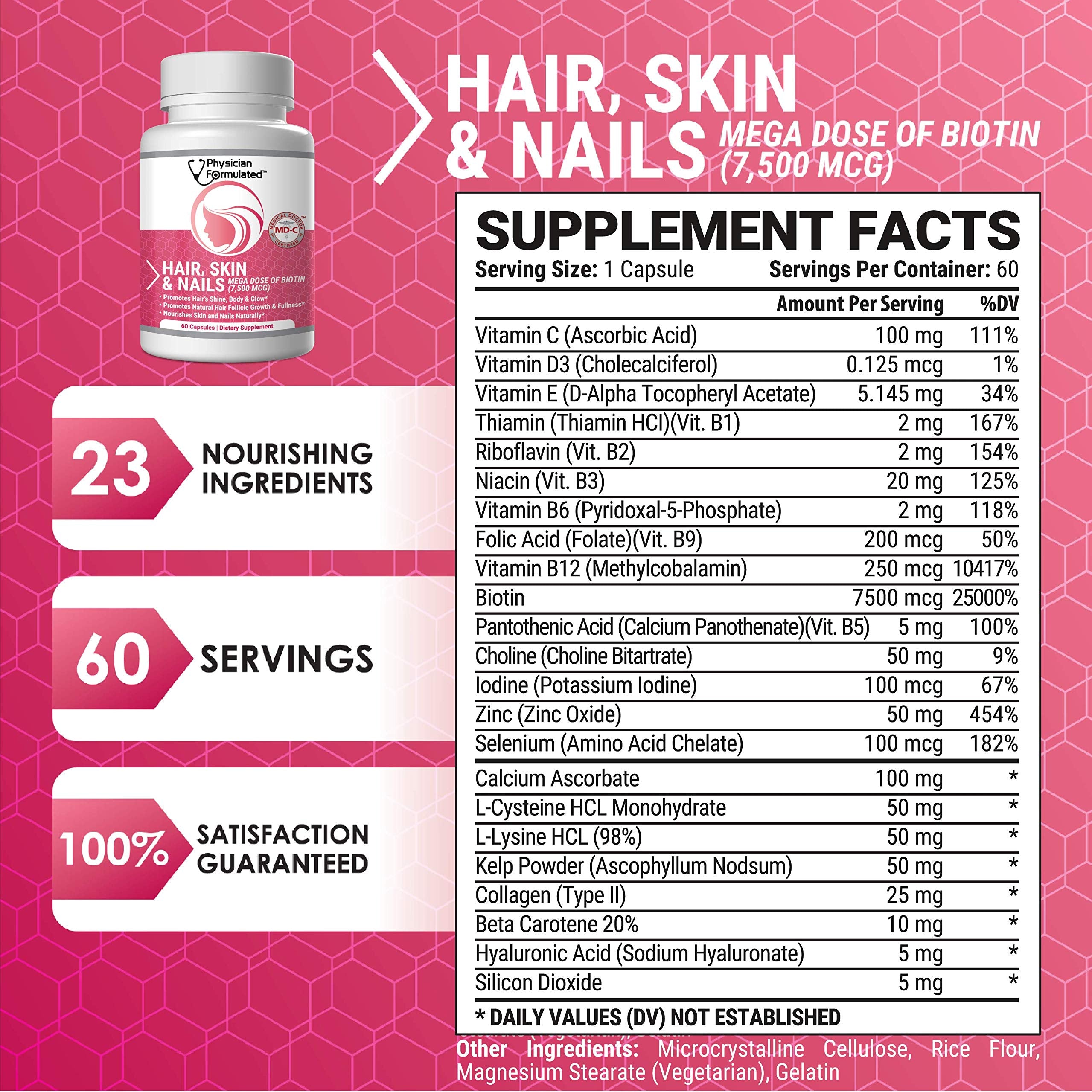 Physician Formulated Healthy Hair Skin and Nails Vitamins for Men and Women - 7500 mcg Biotin, Amino Acids, Collagen and Hyaluronic Acid - 60 Capsules Physician Formulated Au supplements