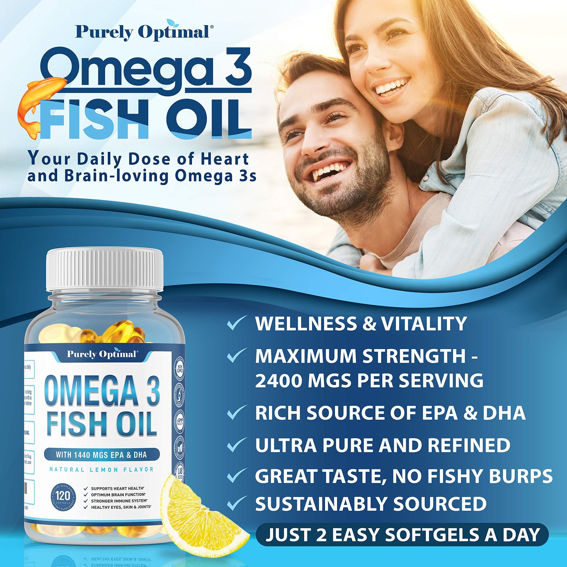 Premium Omega 3 Fish Oil Supplement 2400mg - Burpless Fish Oil Omega3 Softgels Purely Optimal Au supplements