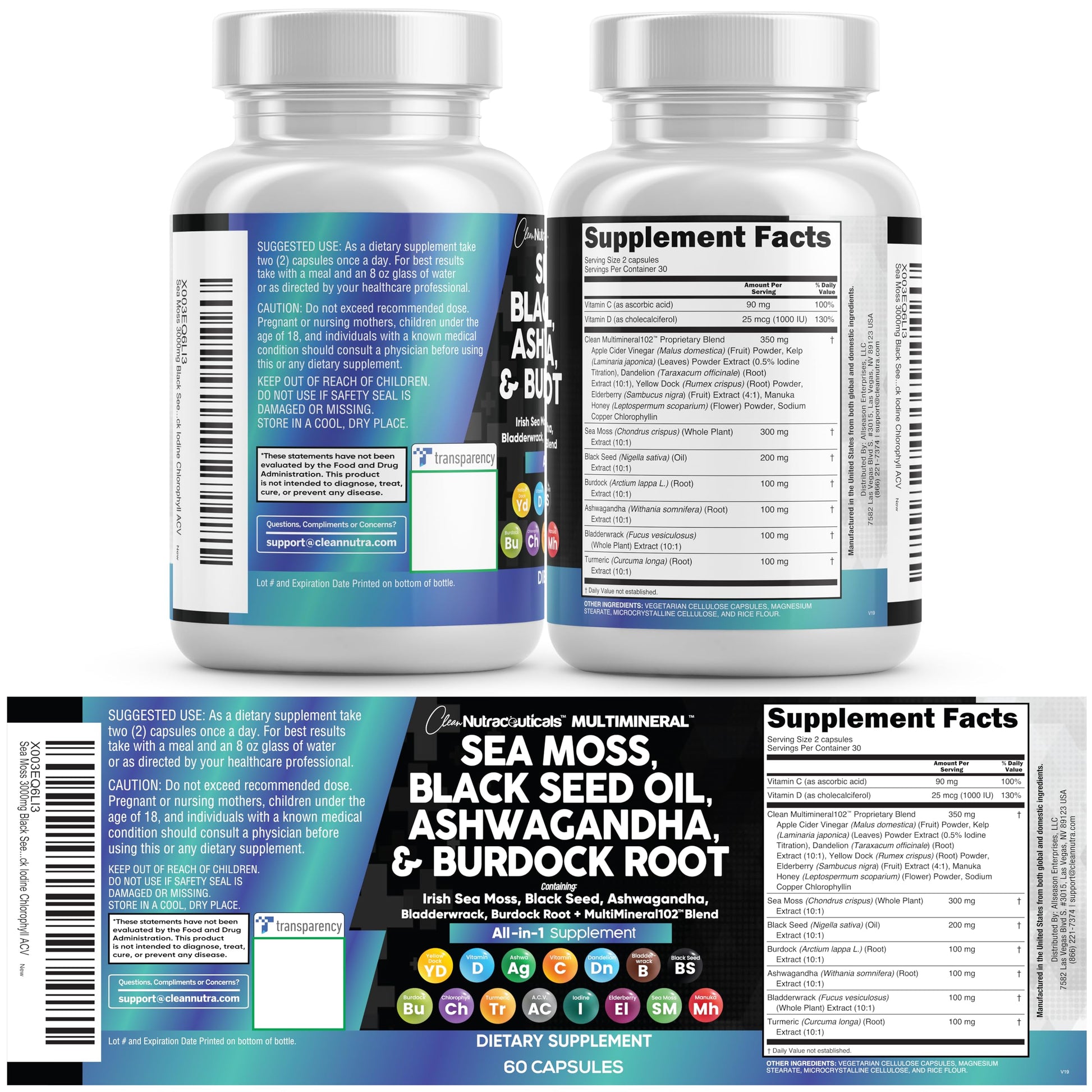 Clean Nutraceuticals Sea Moss Black Seed Oil Ashwagandha Turmeric Bladderwrack Burdock & Vitamin C Vitamin D3 with Elderberry Manuka Dandelion Yellow Dock Iodine Chlorophyll ACV Clean Nutraceuticals Au supplements