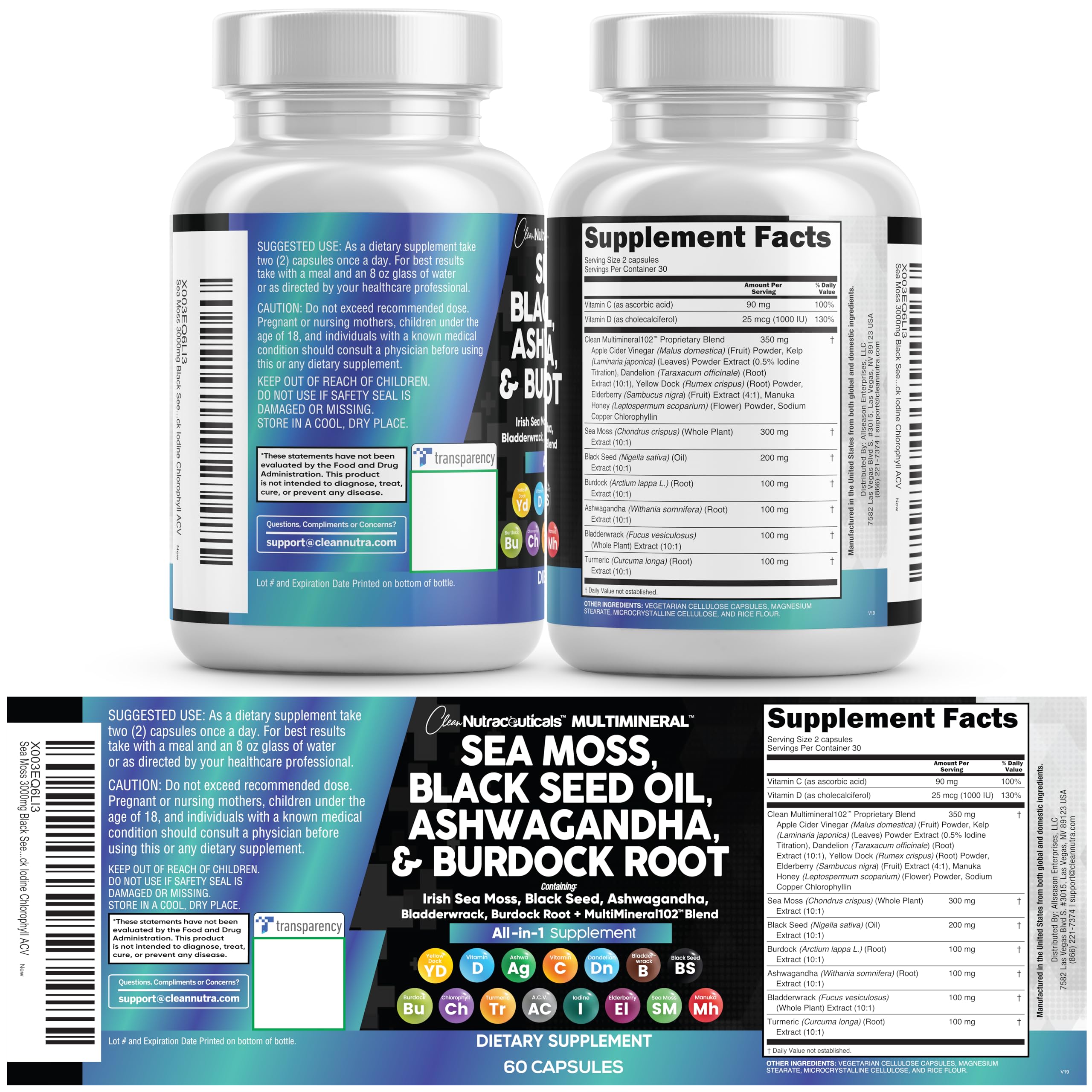 Clean Nutraceuticals Sea Moss Black Seed Oil Ashwagandha Turmeric Bladderwrack Burdock & Vitamin C Vitamin D3 with Elderberry Manuka Dandelion Yellow Dock Iodine Chlorophyll ACV Clean Nutraceuticals Au supplements