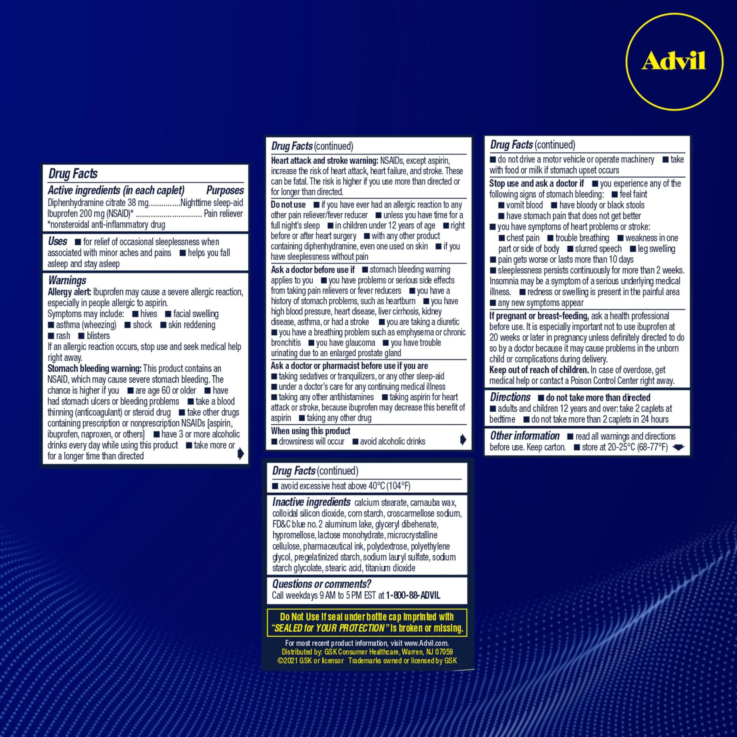 Advil PM Pain Reliever and Nighttime Sleep Aid, Pain Medicine with Ibuprofen for Pain Relief and Diphenhydramine Citrate for A Sleep Aid - 120 Coated Caplets (Pack of 2) Advil Au supplements