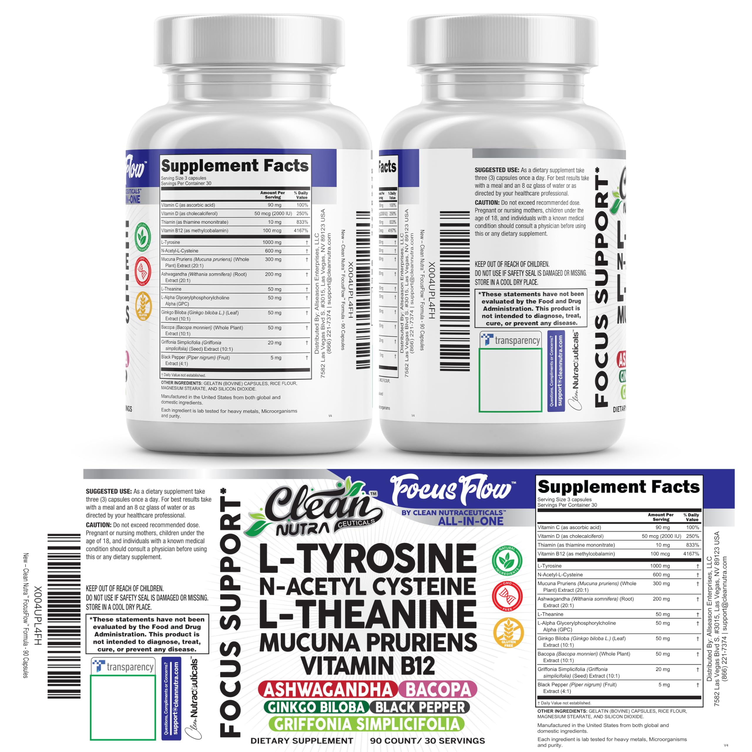 Focus Flow L-Tyrosine Vitamin B C D L-Theanine Ashwagandha Ginkgo Biloba Vitamin B12 Thiamine Black Pepper N-Acetylcysteine Mucuna Pruriens 90 Count Capsules by Clean Nutra Clean Nutraceuticals Au supplements
