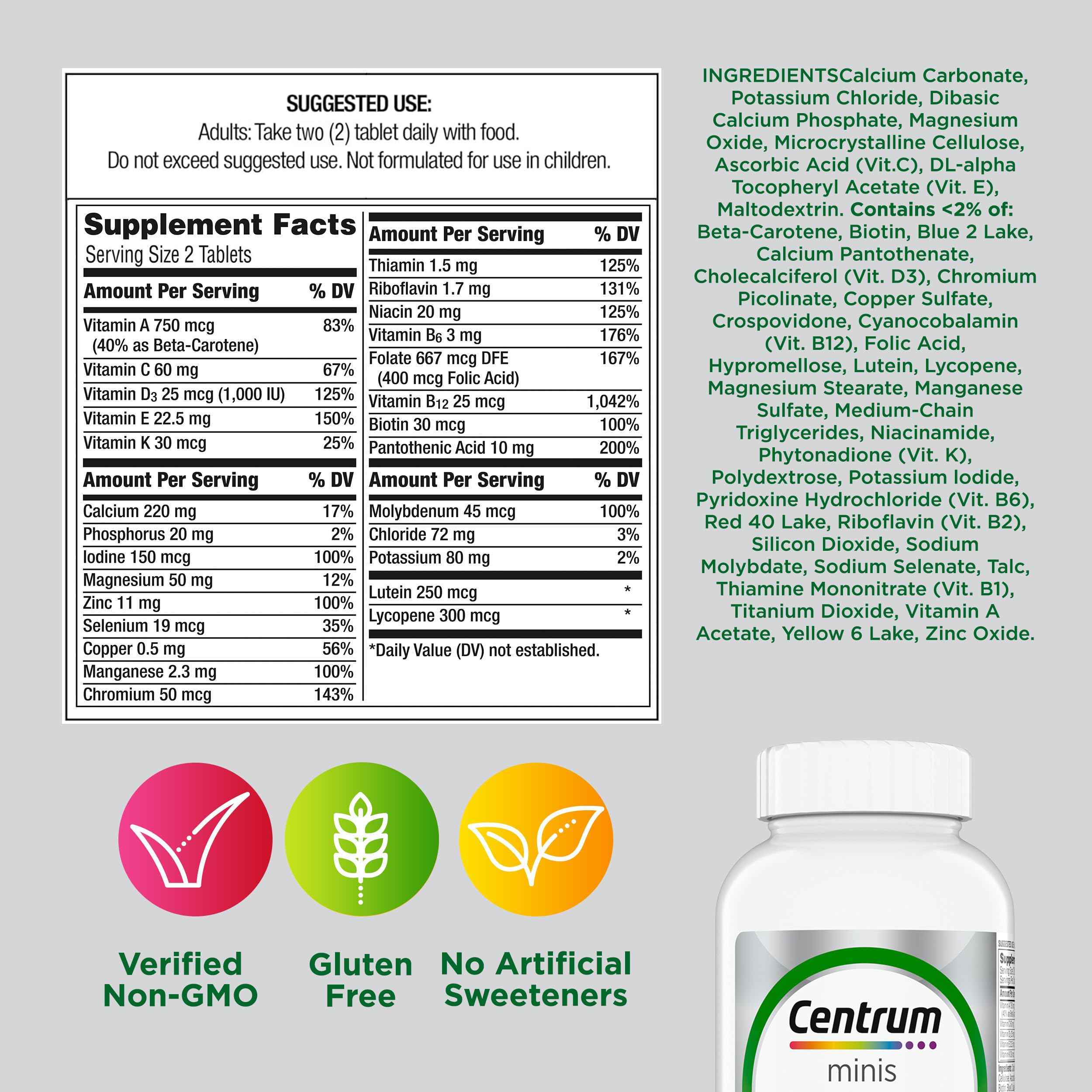 Centrum Minis Silver Multivitamin for Adults 50 Plus, Multimineral Supplement, Vitamin D3, B-Vitamins, Gluten Free, Non-GMO Ingredients Centrum Au supplements