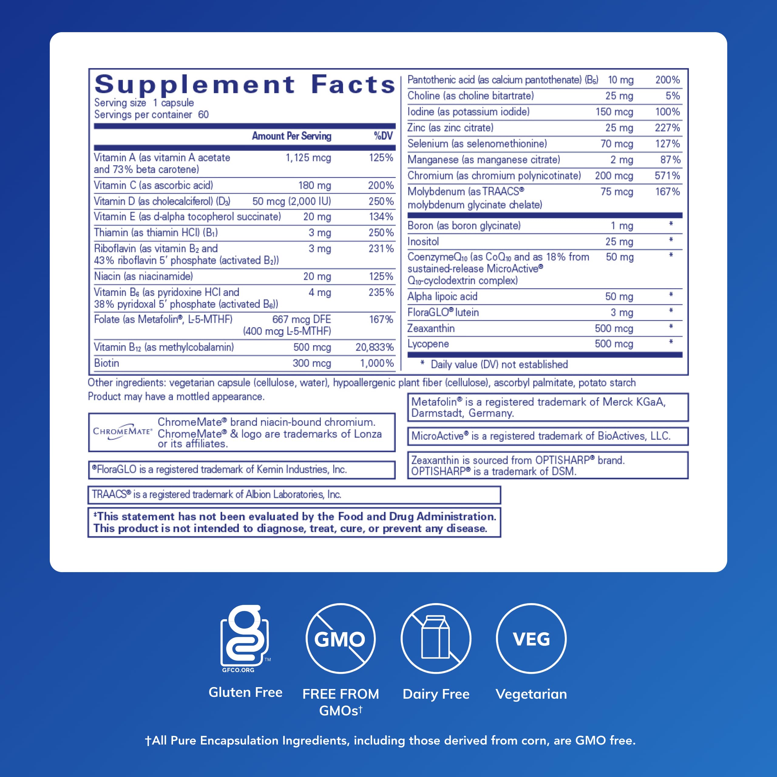 Pure Encapsulations O.N.E. Multivitamin - Once Daily Multivitamin with Antioxidant Complex Metafolin, CoQ10, and Lutein to Support Vision, Cognitive Function, and Cellular Health* - 60 Capsules Pure Encapsulations Au supplements