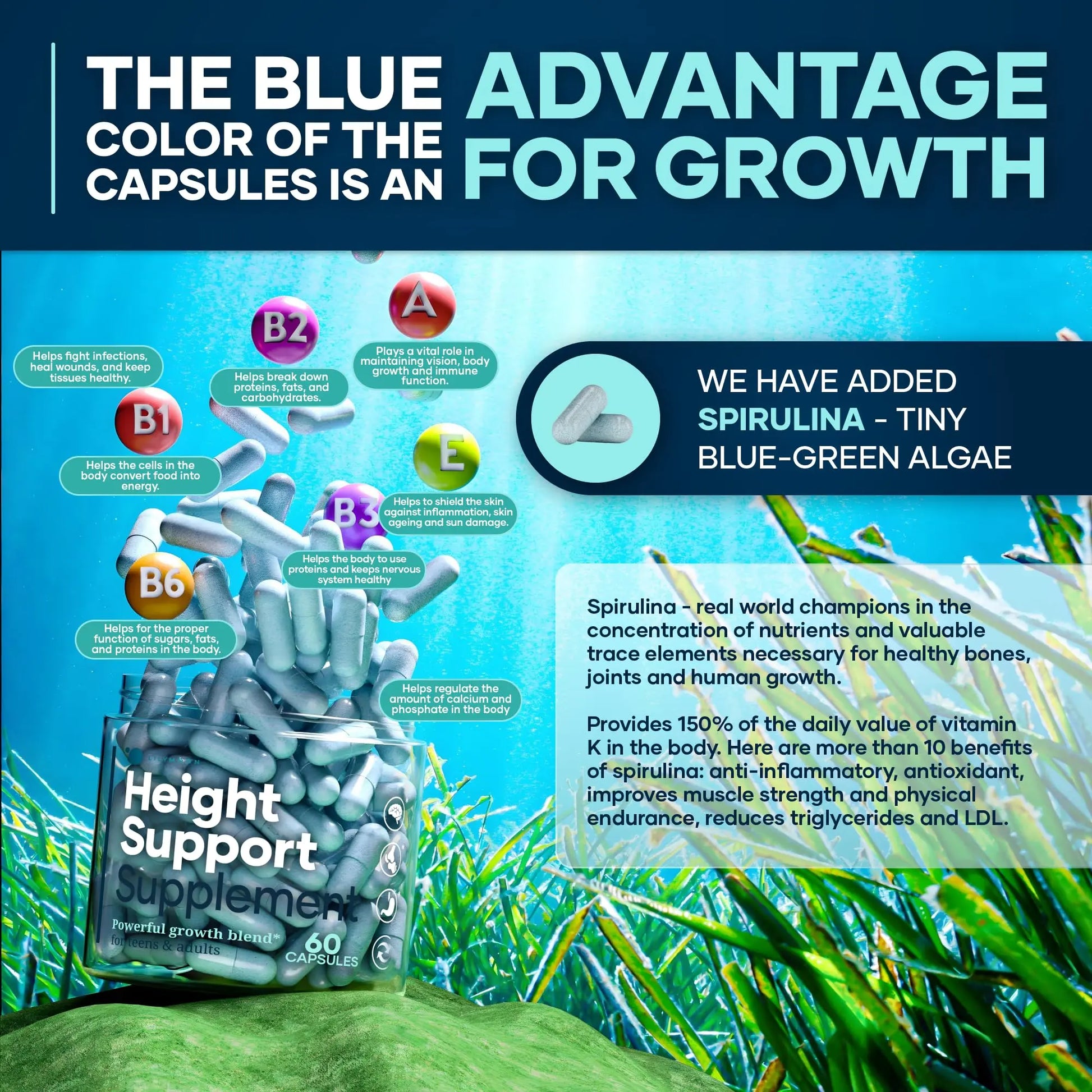 Height & Bone Support Supplement - Premium Height Growth Supplement for Kids & Teens with Calcium - Nutritional Support Bone Health Formula - Height Increase Essential Vitamins - 60 Caps LM LILYNUTRAMOON Au supplements