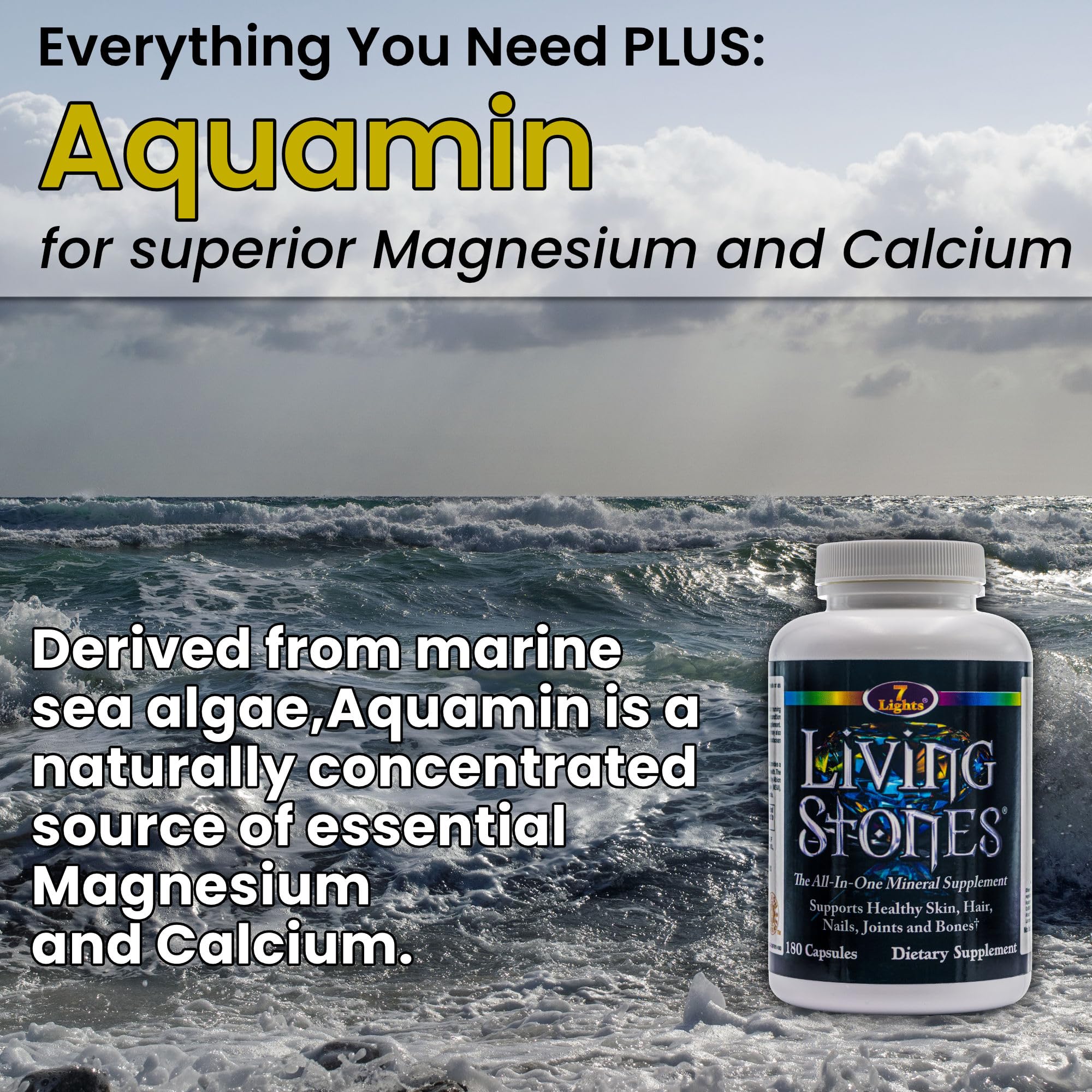 Living Stones, Complete Mineral Supplement with Zinc, Calcium, Magnesium, Selenium, Trace Minerals, No Added Iron, with MSM (Organic Sulfur) and Shilajit, Premium Absorption (30-Day Supply - 180 Caps) 7 Lights Au supplements