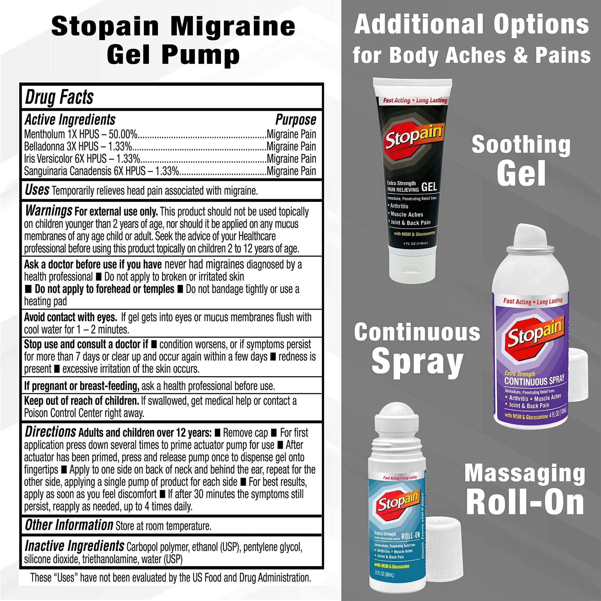 Stopain Migraine Pain Relief Gel Pump, 1.62oz, USA Made, Max Strength Fast Acting Research Proven Topical Effective at Any Stage, No Known Side Effects or Drug Interactions, HSA FSA Approved Products Stopain Au supplements