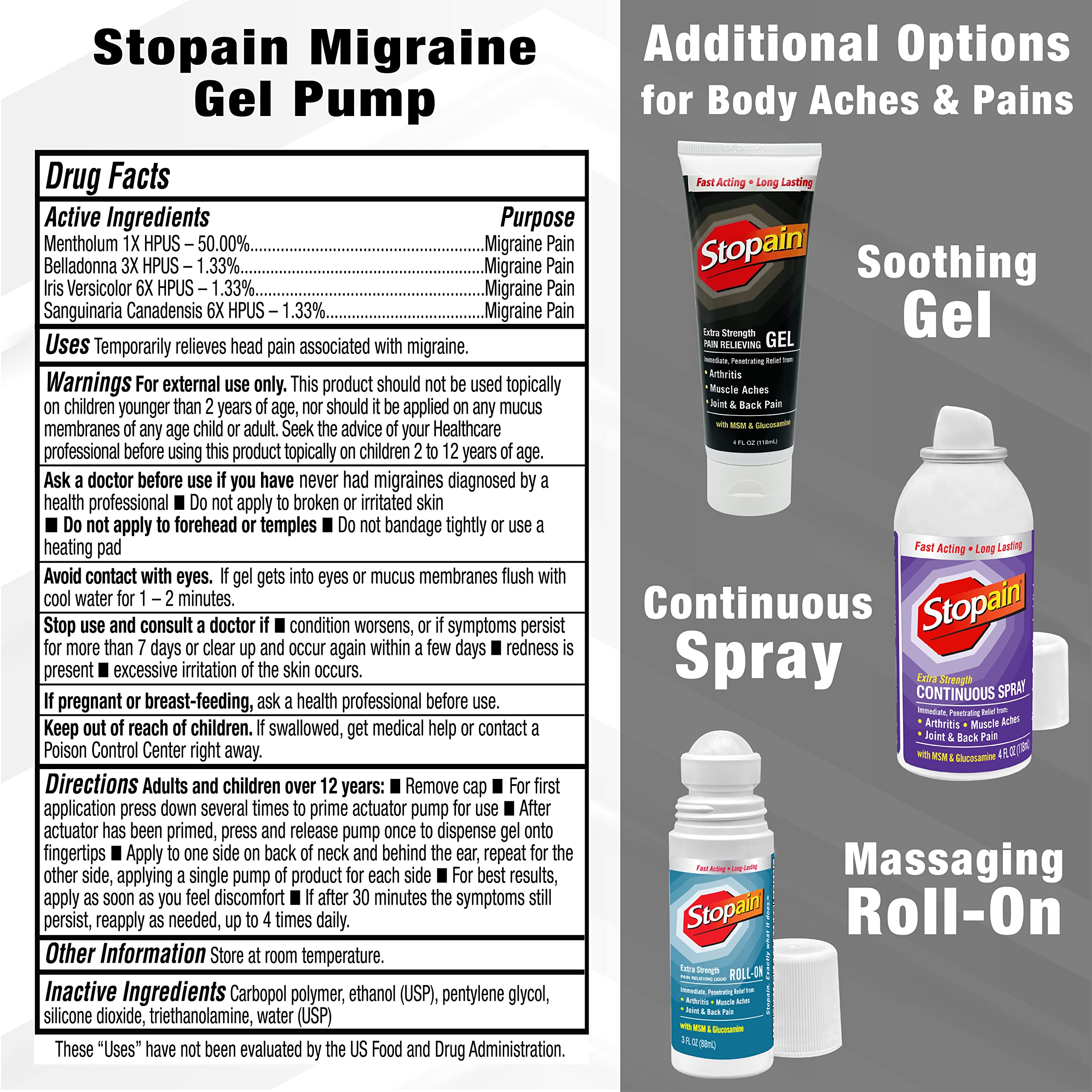 Stopain Migraine Pain Relief Gel Pump, 1.62oz (2 Pack), USA Made, Max Strength Fast Acting Research Proven Effective Topical, No Known Side Effects or Drug Interactions, HSA FSA Approved Products Stopain Au supplements