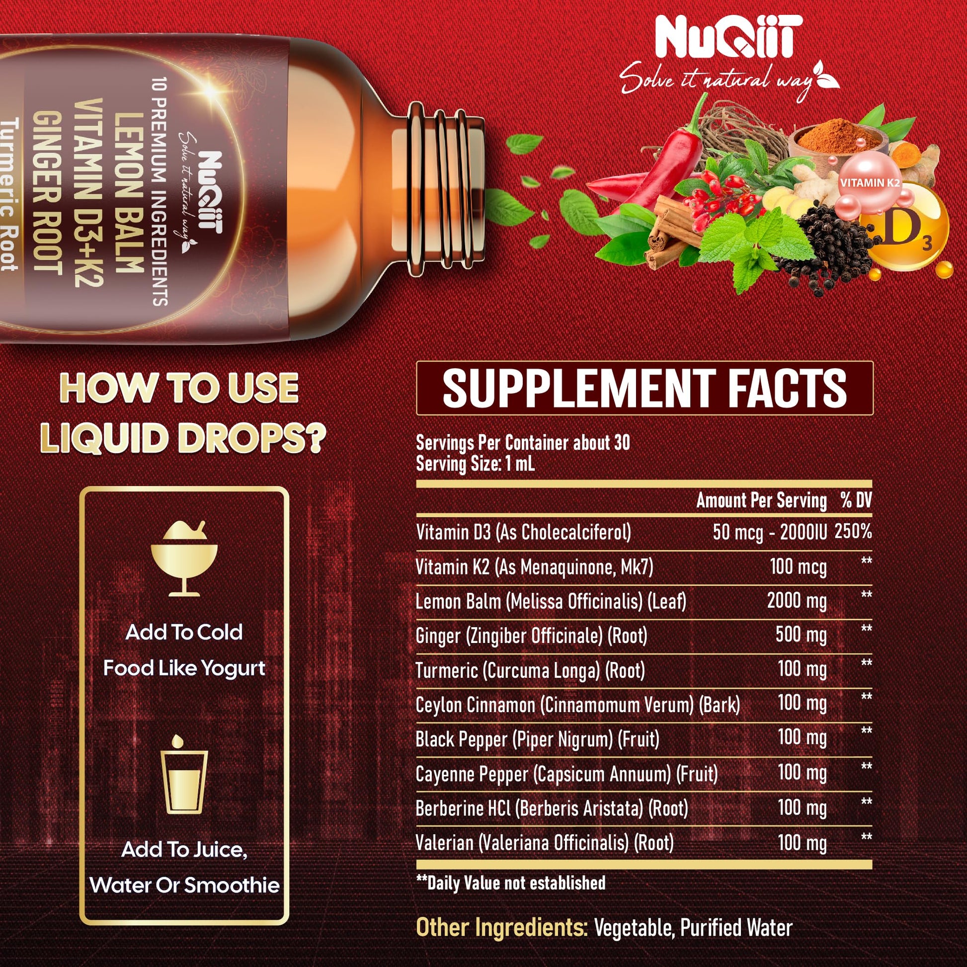 NUQIIT 10in1 Lemon Balm Tincture Blend Includes Vitamin D3, Vitamin K2, Lemon Balm, Ginger, Turmeric, Ceylon Cinnamon and More - 1 FL Oz - 60 Day Supply NUQIIT Au supplements