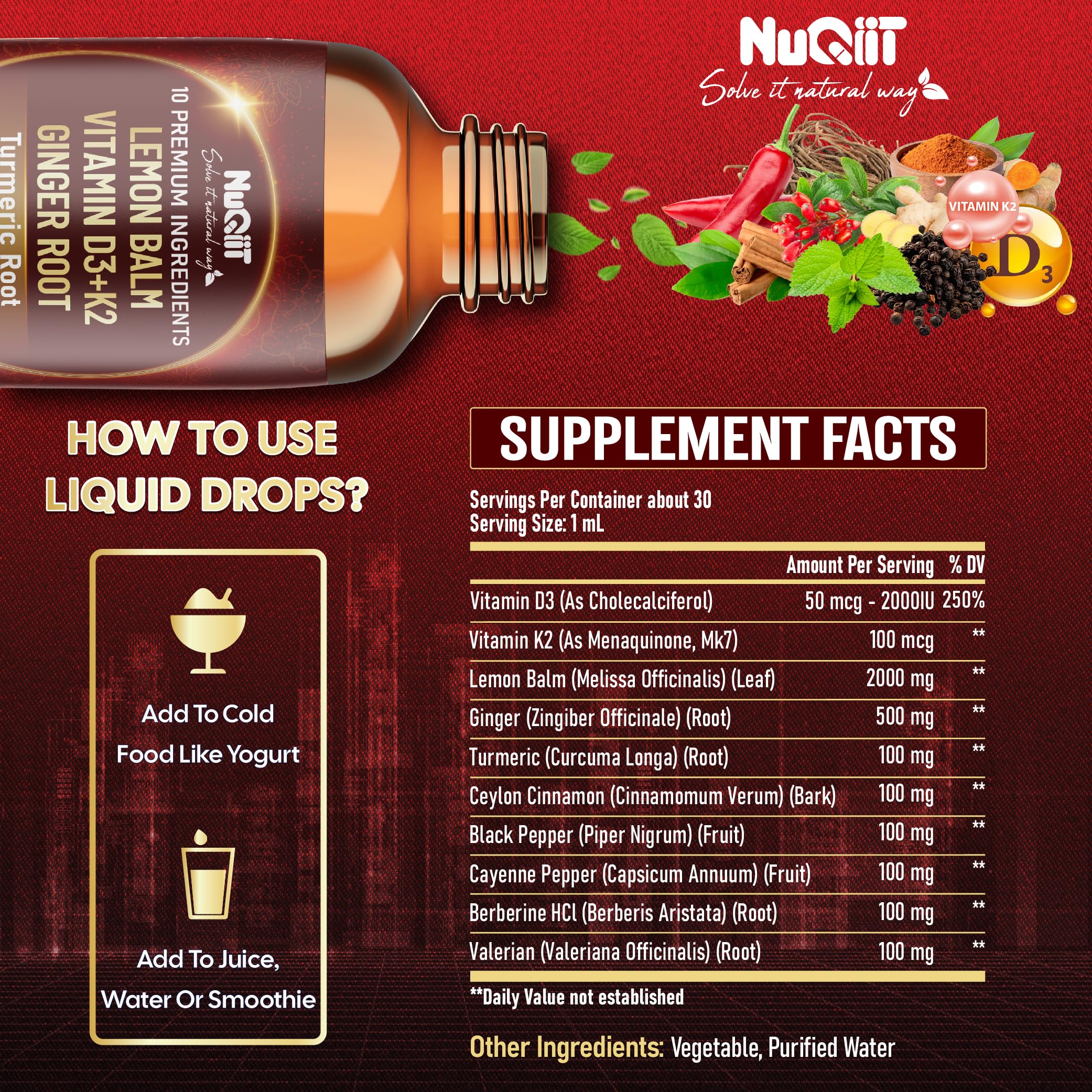 NUQIIT 10in1 Lemon Balm Tincture Blend Includes Vitamin D3, Vitamin K2, Lemon Balm, Ginger, Turmeric, Ceylon Cinnamon and More - 1 FL Oz - 60 Day Supply NUQIIT Au supplements