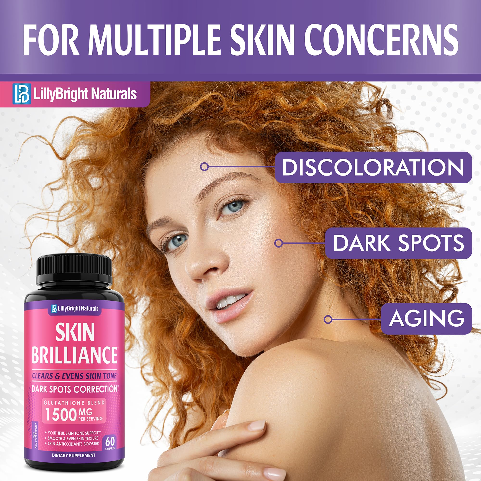 Glutathione Capsules - 1,500mcg L-Glutathione Supplement with Vitamin C - Skin Tone Enhancer - Targets Dark Spots & Acne Marks - Antioxidant Supplement for Beauty & Health Support - 60 Skin Pills LB LILLYBRIGHT NATURALS Au supplements