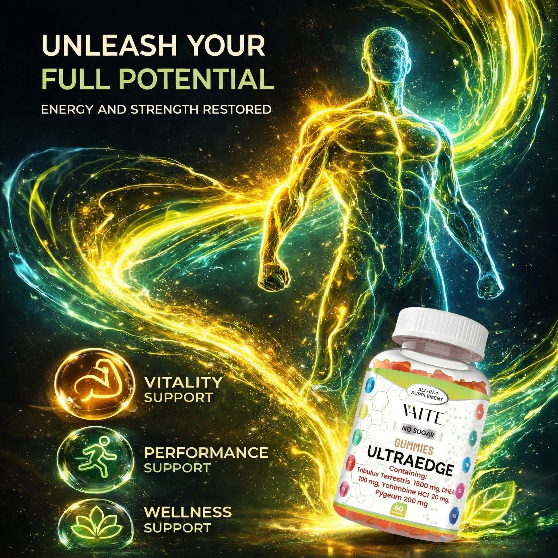 VAITE UltraEdge Herbal Complex Gummies – Tribulus Terrestris 1500mg, DHEA 100mg, Yohimbine HCl 20mg, Pygeum 200mg, Plant-Based Blend, 60 Vegan Gummies, Non-GMO, Gluten-Free, Adult Supplement VAITE Au supplements