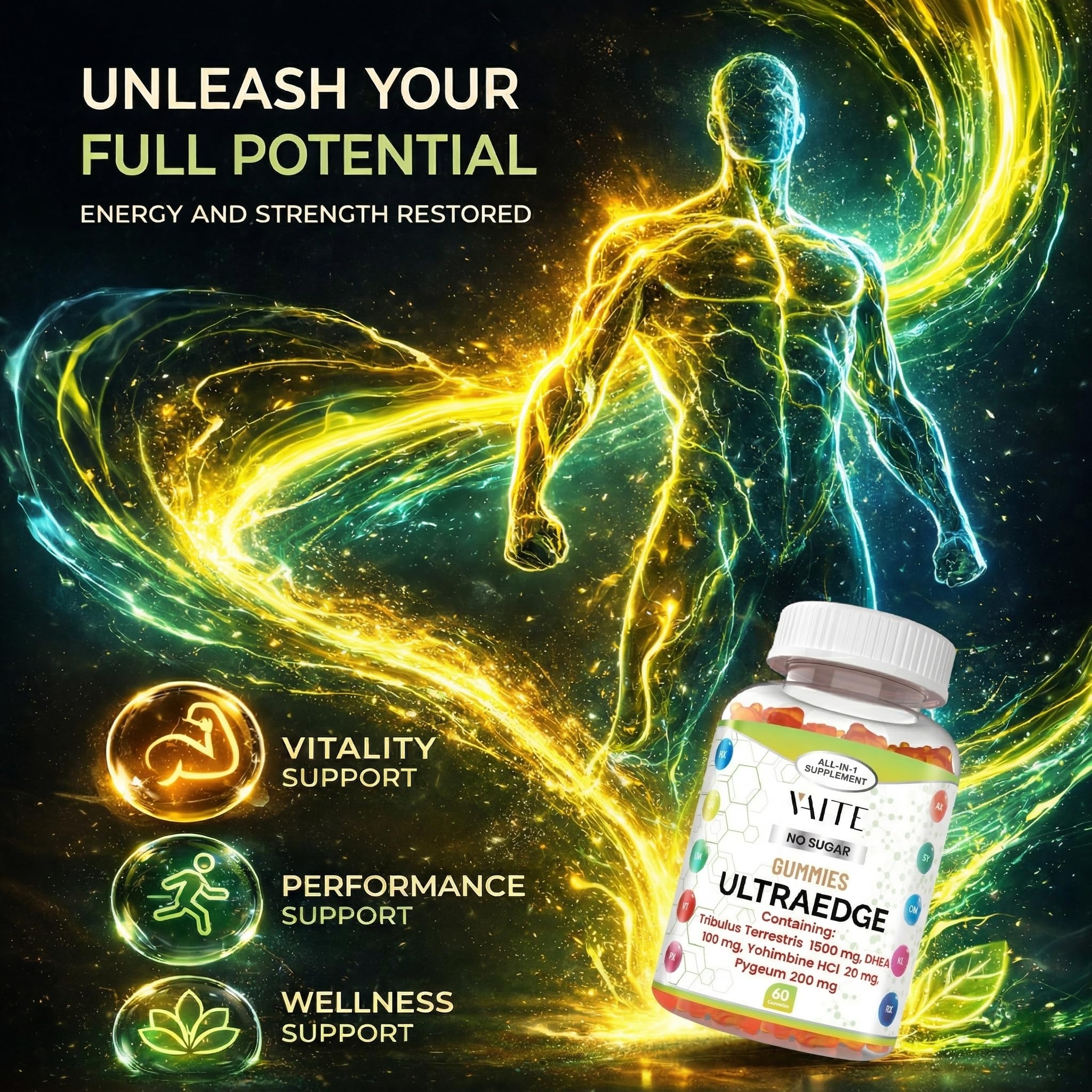 VAITE UltraEdge Herbal Complex Gummies – Tribulus Terrestris 1500mg, DHEA 100mg, Yohimbine HCl 20mg, Pygeum 200mg, Plant-Based Blend, 60 Vegan Gummies, Non-GMO, Gluten-Free, Adult Supplement VAITE Au supplements