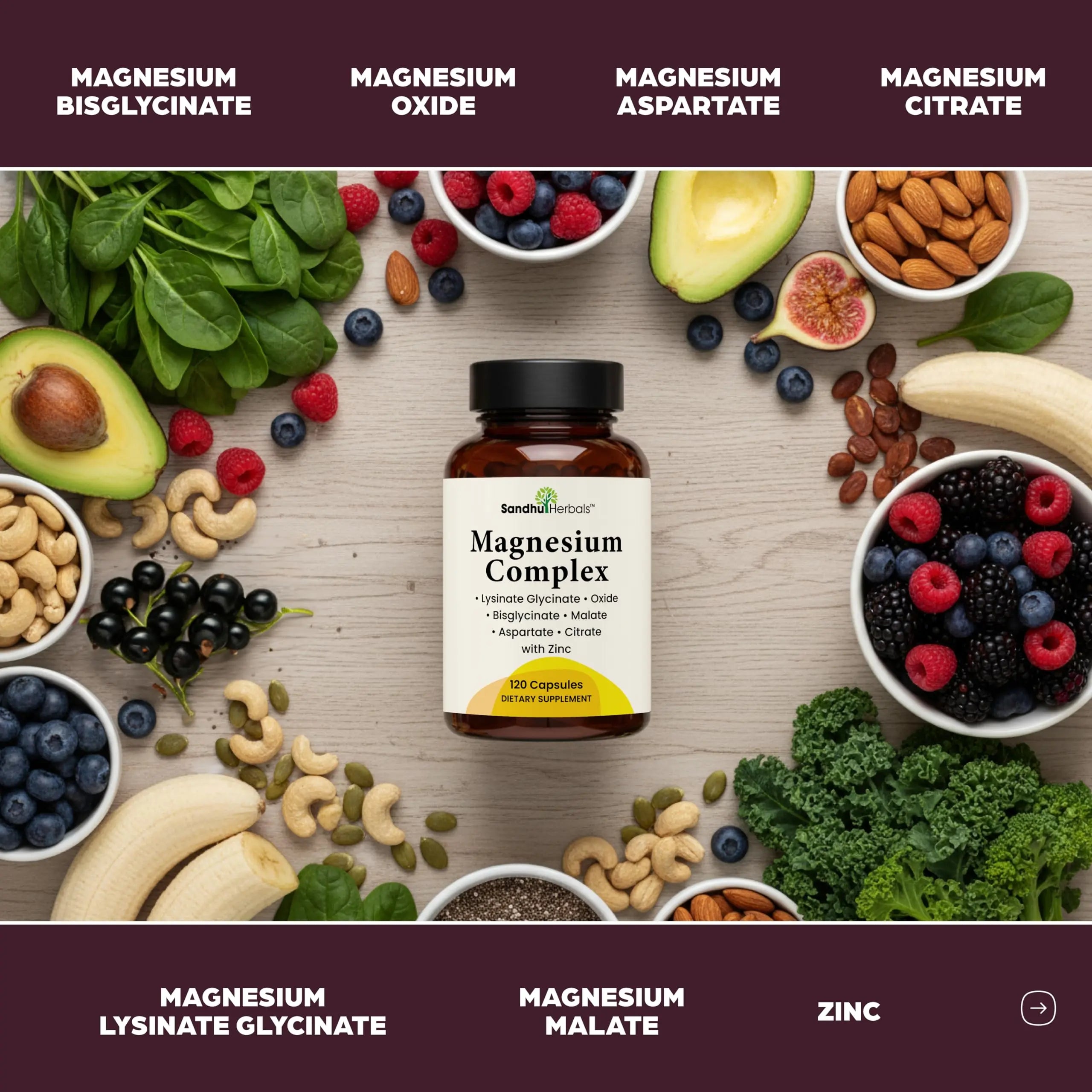 Complete Magnesium Complex 500mg for Women & Men | 120 Capsules | 6 in 1 Mag Supplement with Zinc | Quality Sleep & Muscle Health | Glycinate, Citrate, Malate, Oxide, Aspartate, Lysinate Glycinate SANDHUHERBALS Au supplements