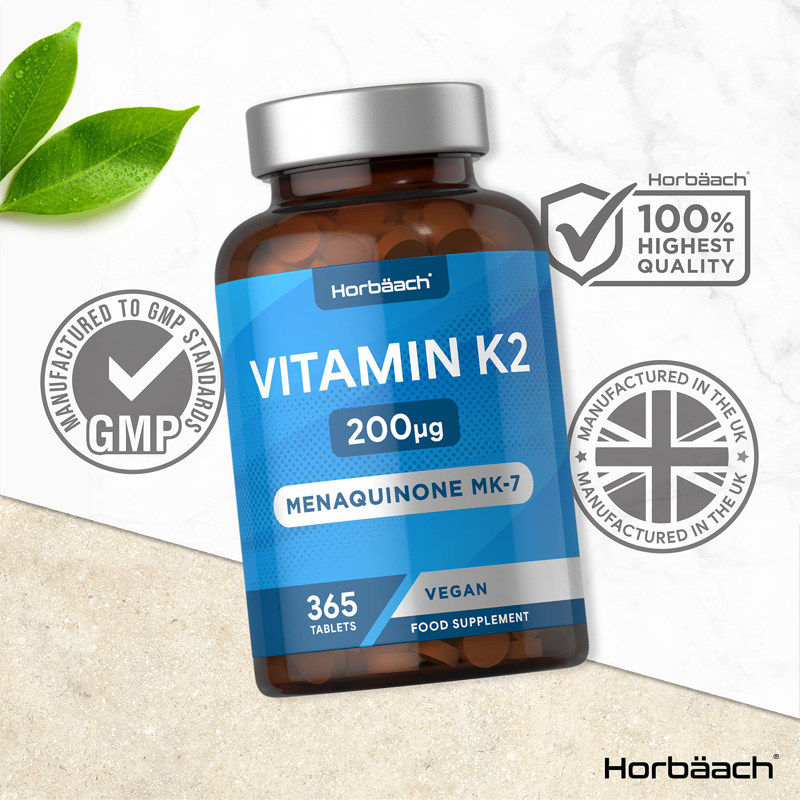 Vitamin K2 MK7 200ug | 365 Vegan Tablets | High Strength Menaquinone MK-7 Horbäach Au supplements