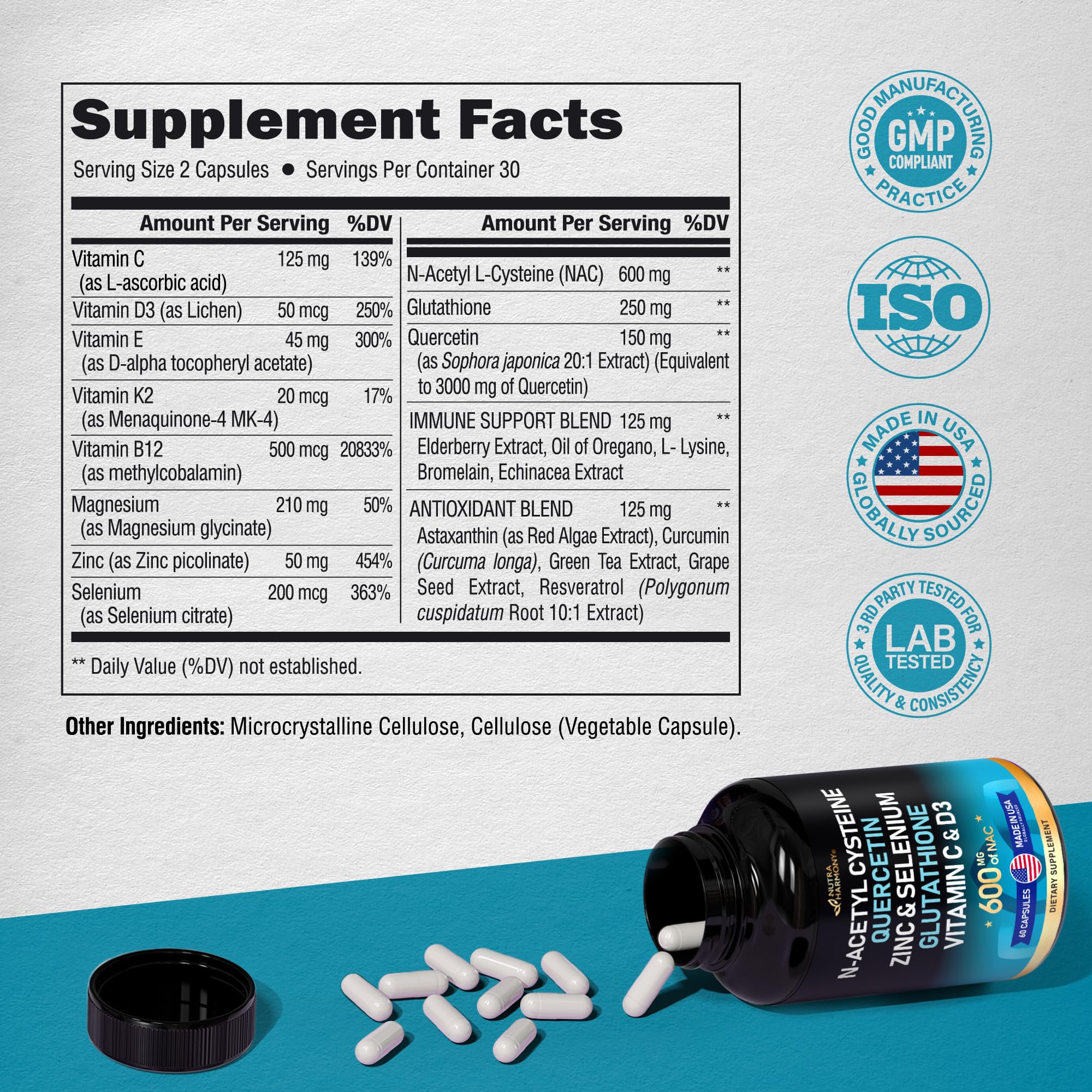 NAC 600 mg Supplement | Quercetin | Zinc | Glutathione | Selenium | Vitamin C & D3 NUTRAHARMONY Au supplements