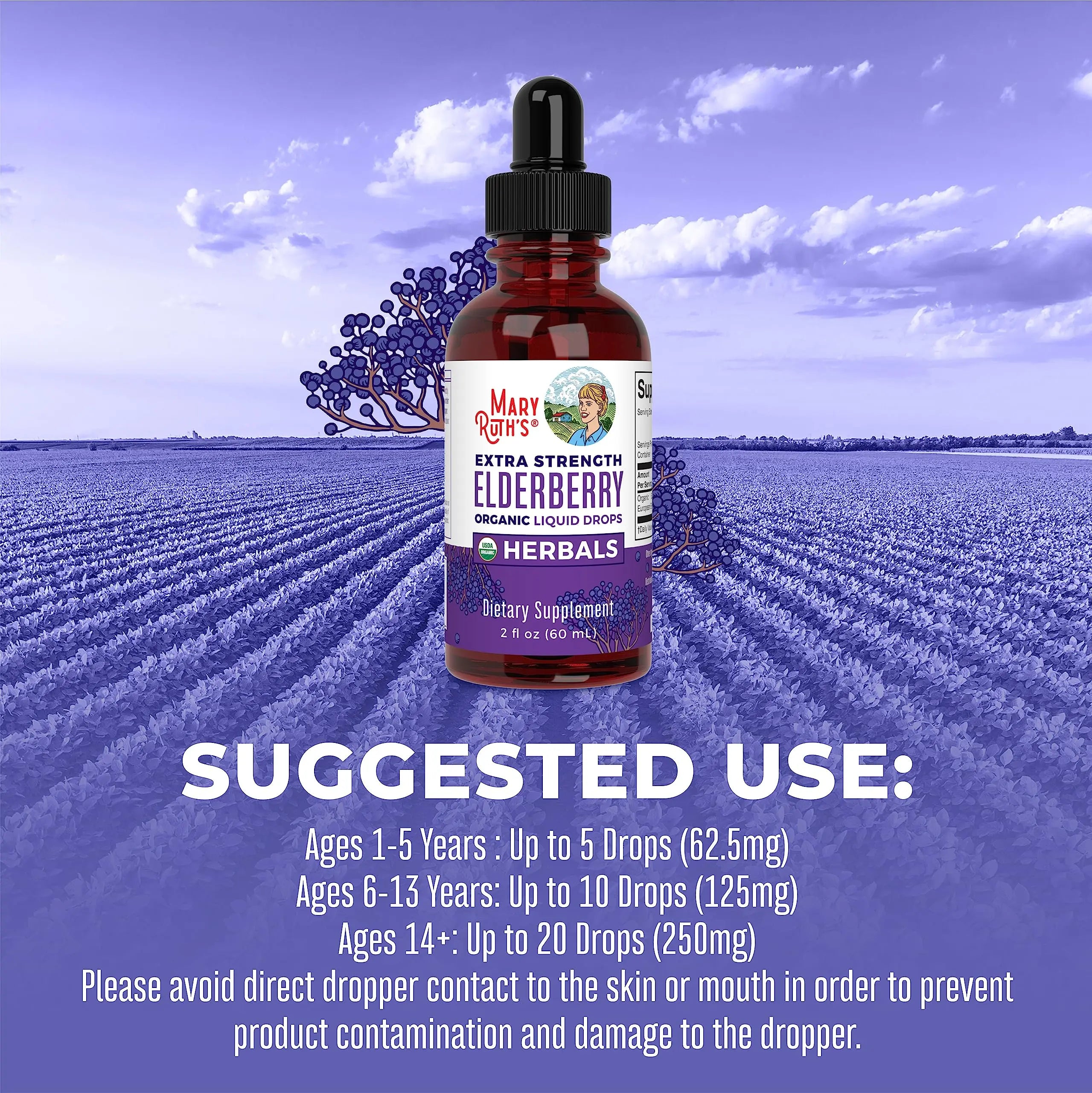 MaryRuth Organics Elderberry Syrup Extra Strength, USDA Organic Elderberry, Sugar Free Adults & Kids Immune Support Supplement for Ages 1+, Clean Label Project Verified®, Vegan, Gluten Free, 2 Fl Oz MARYRUTH'S Au supplements