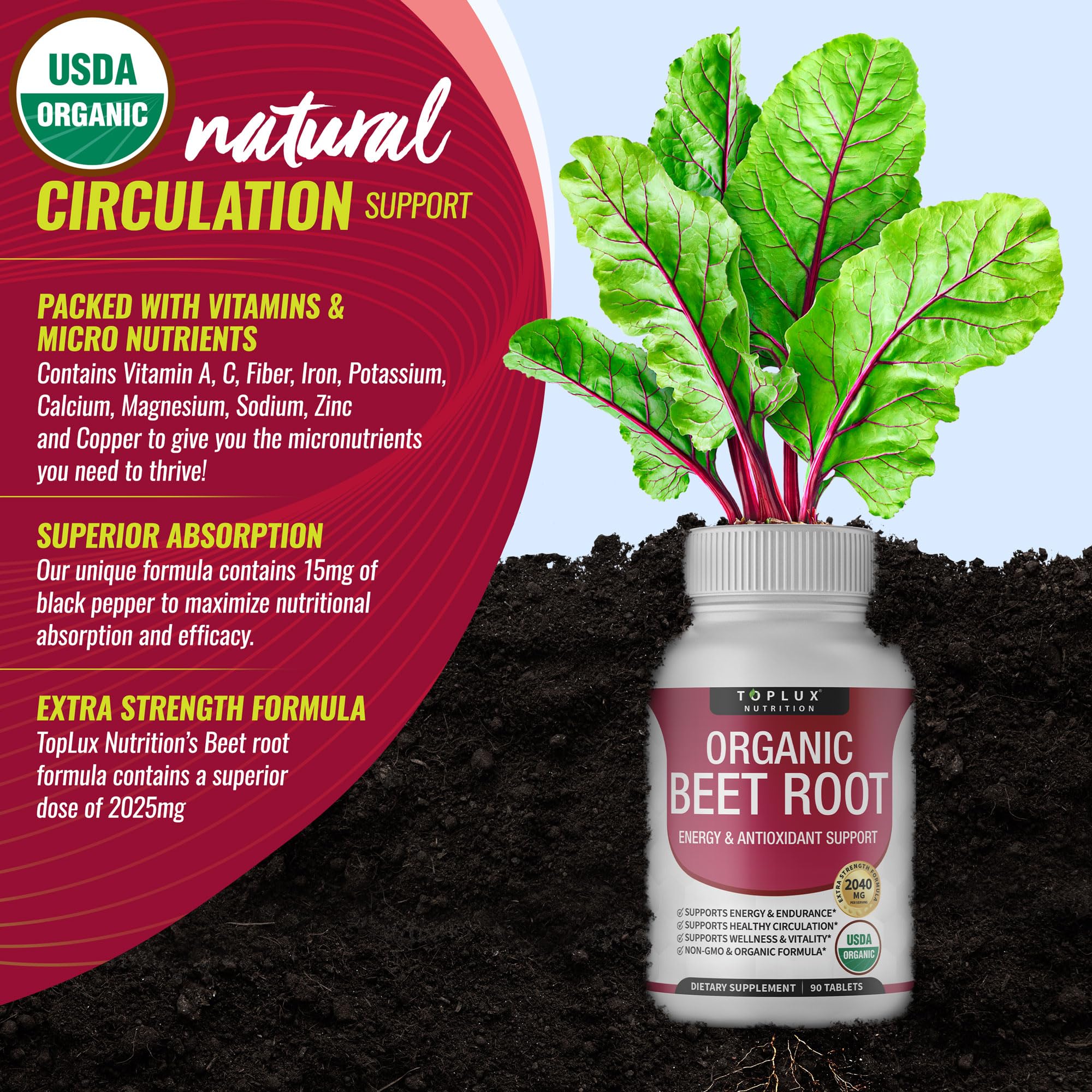 Organic Beet Root Powder Tablets - 2040mg Natural Nitric Oxide Beets to Support, Energy Toplux Au supplements