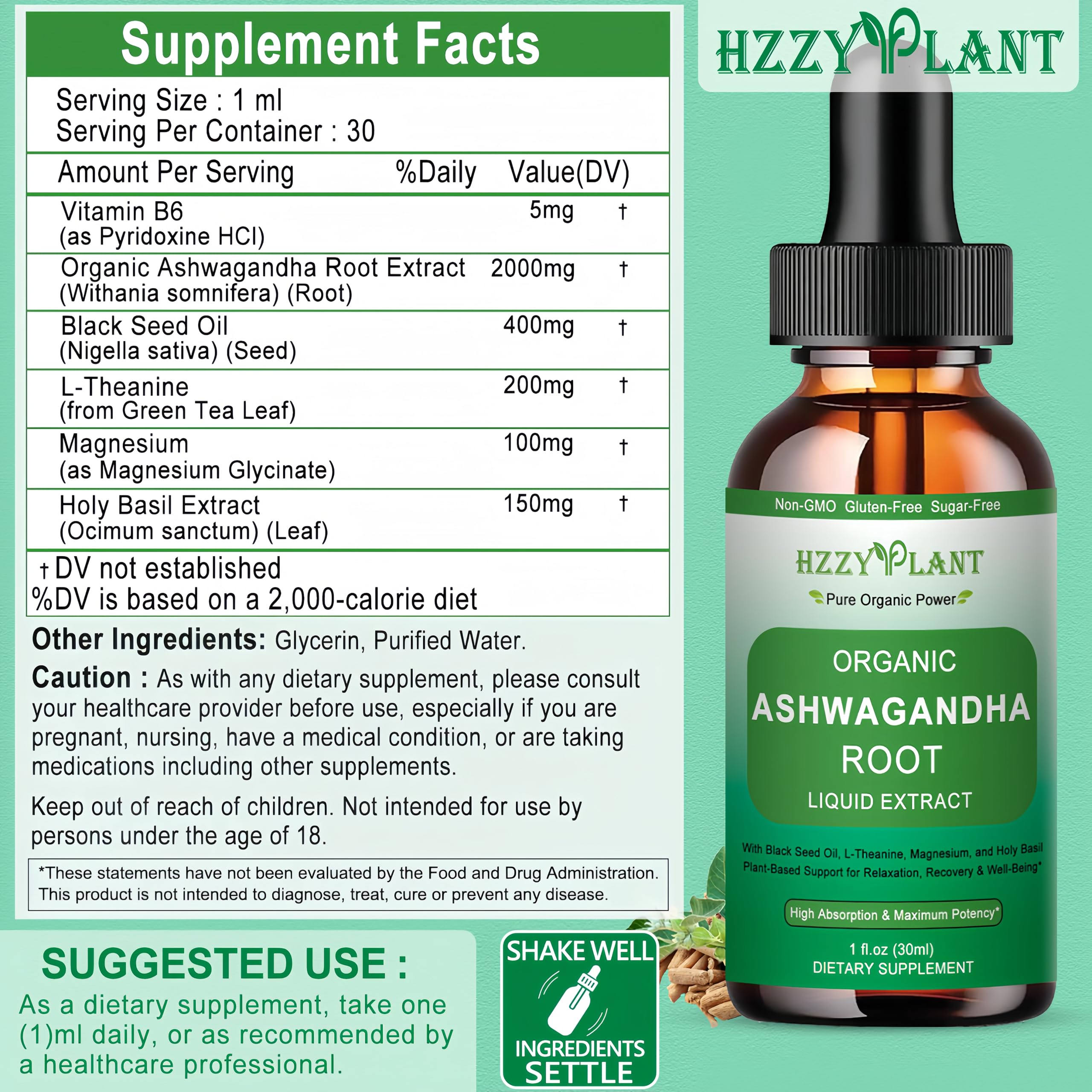 Organic Ashwagandha Drops,High Absorption Ashwagandha Extract Tincture for Stress Relief,Relaxation,Cortisol Support,Ashwagandha for Women & Men with Magnesium,L Theanine,Black Seed Oil,Vegan,Non-GMO HZZYPLANT Au supplements