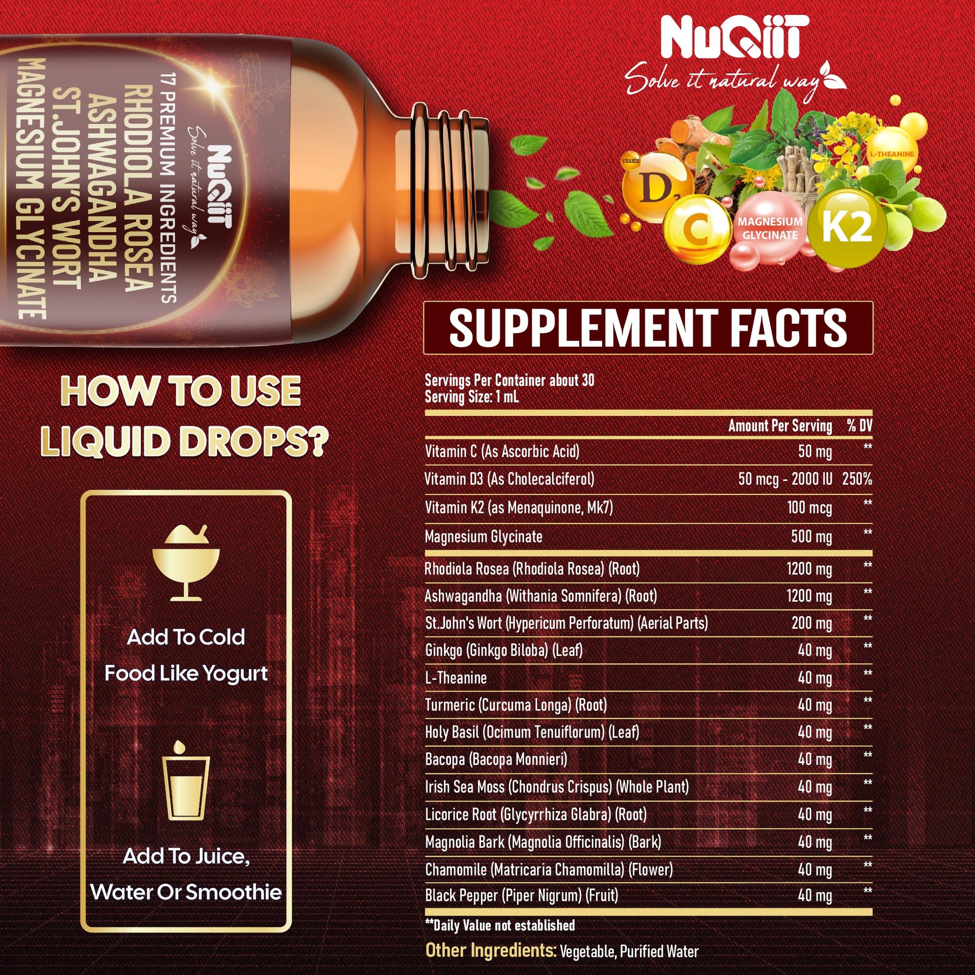 NUQIIT 17in1 Rhodiola Rosea Liquid Drops Tincture w/Ashwagandha Magnesium, L-Theanine. Ultra Rhodiola Cortisol Supplement, Rhodiola Root for Mood, Energy - 1 FL Oz - 60 Day Supply NUQIIT Au supplements