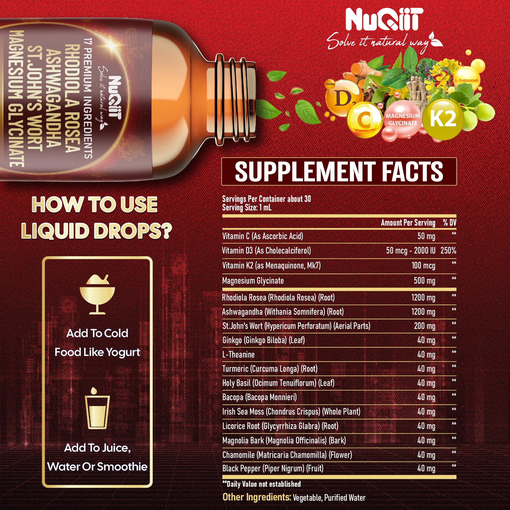 NUQIIT 17in1 Rhodiola Rosea Liquid Drops Tincture w/Ashwagandha Magnesium, L-Theanine. Ultra Rhodiola Cortisol Supplement, Rhodiola Root for Mood, Energy - 1 FL Oz - 60 Day Supply NUQIIT Au supplements