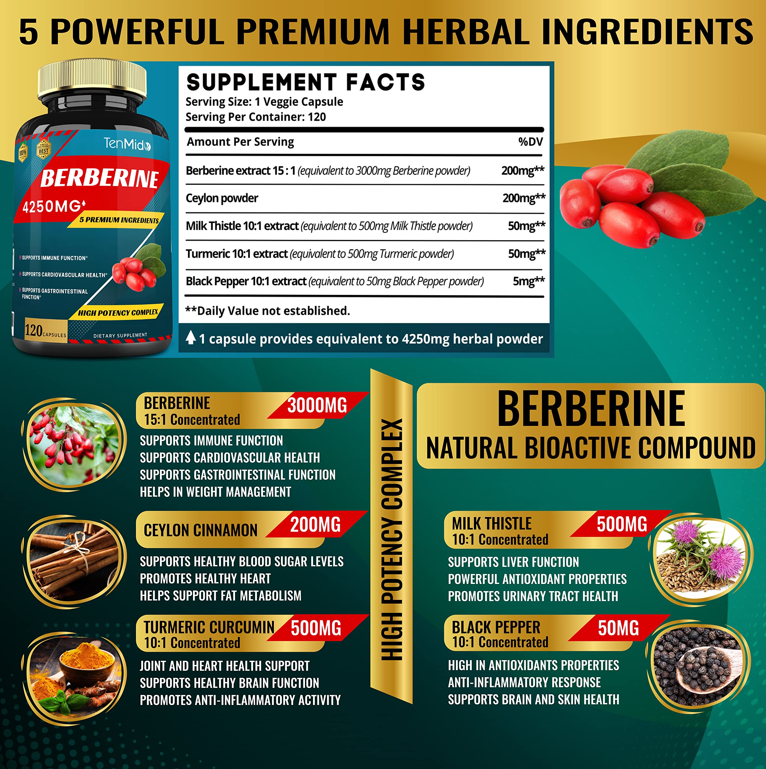 Berberine Extract Capsules 4250mg, 4 Months Supply & Ceylon, Milk Thistle, Turmeric Tenmido Au supplements
