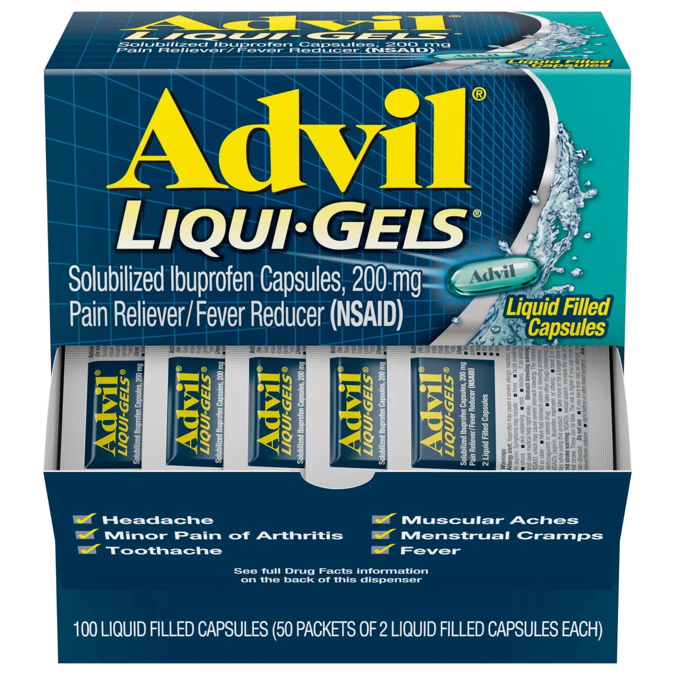 Advil Liqui-Gels Pain Reliever and Fever Reducer, Pain Medicine for Adults with Ibuprofen 200mg for Headache, Backache, Menstrual Pain and Joint Pain Relief - 50x2 Liquid Filled Capsules Advil Au supplements