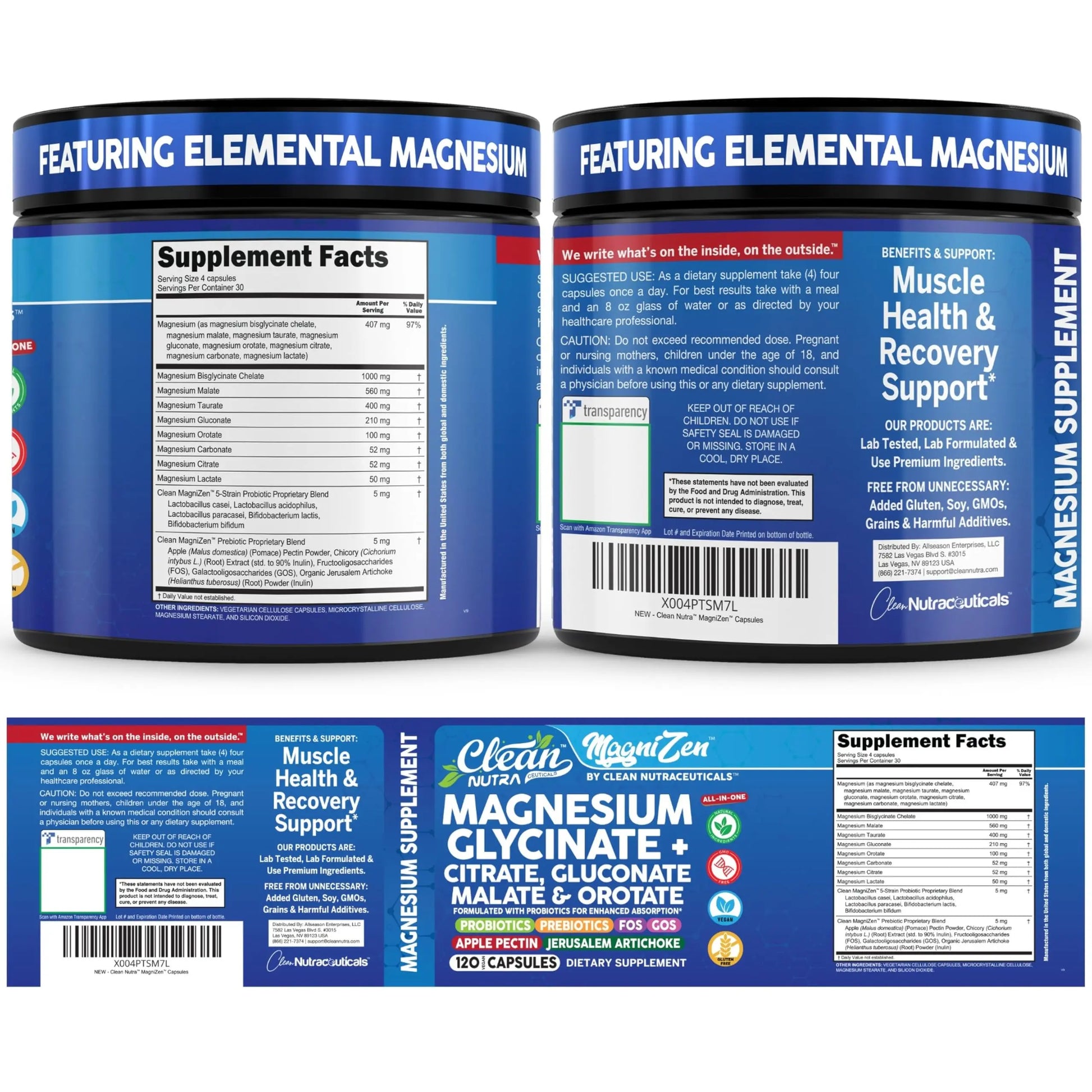 Clean Nutra Magnesium Glycinate Citrate Malate Orotate Taurate Supplement Complex + 10 Strain Probiotic Prebiotics FOS GOS Inulin Sleep Calm Support Apple Pectin – 120 Vegan Capsules Clean Nutraceuticals Au supplements