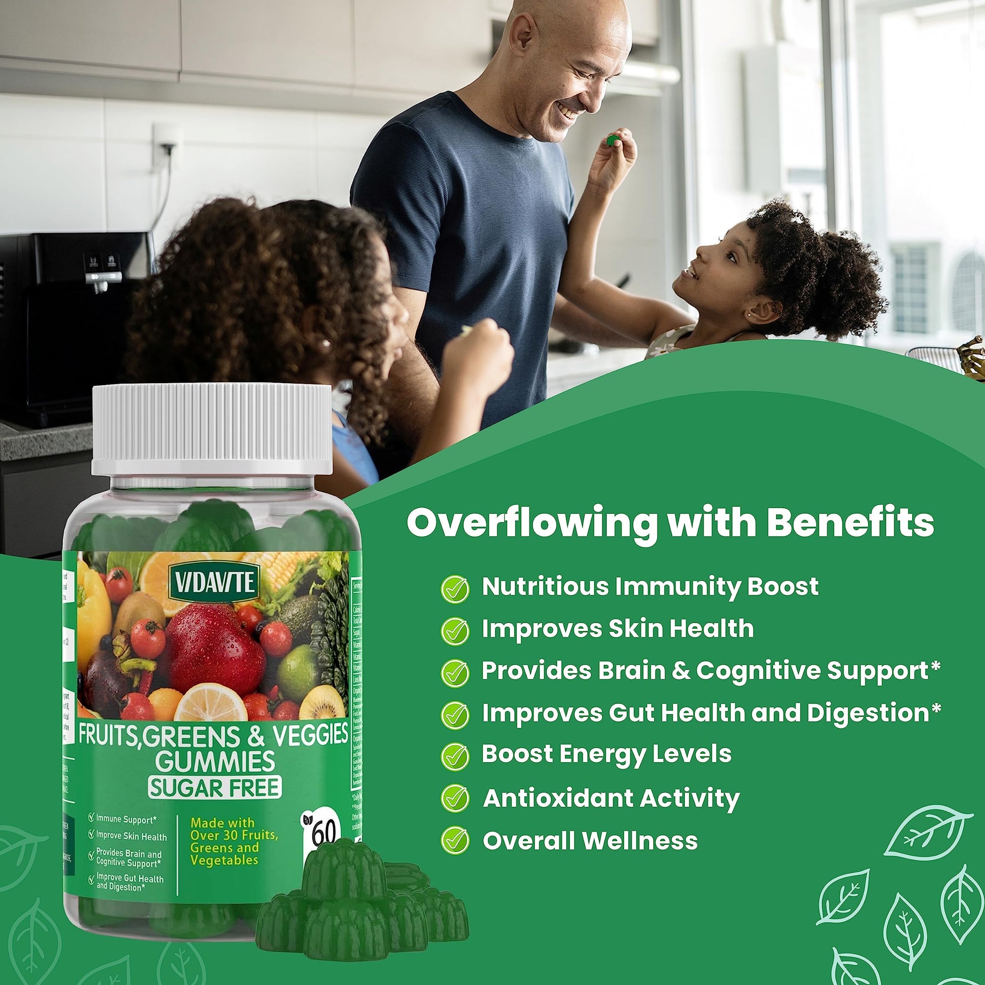 VIDAVITE Sugar-free Super Greens Gummies — US-Made, 35+ Fruit and Veggie gummies to Boost Immunity, Skin & Gut Health — Ideal Fruits and Vegetables Supplement for Adults & Picky Teens (30-Days Supply) VIDAVITE Au supplements