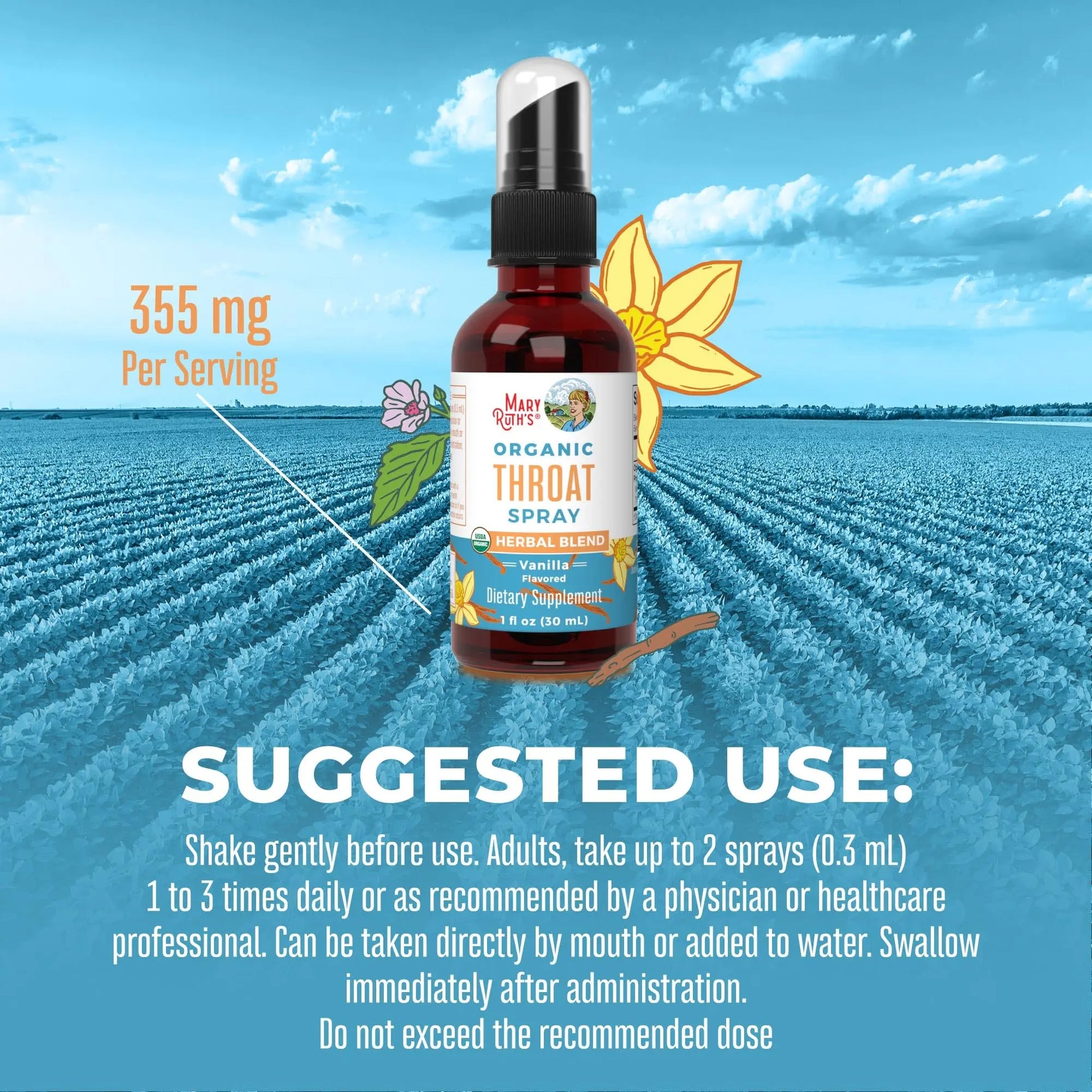 MaryRuth Organics USDA Organic Throat Spray with Mullein Leaf | Marshmallow Root & Licorice Root & Thyme Leaf | Vanilla | 4 Herbal Blend | Non-GMO | Vegan | Gluten Free | 1 Fl Oz | Up to 100 Servings MARYRUTH'S Au supplements