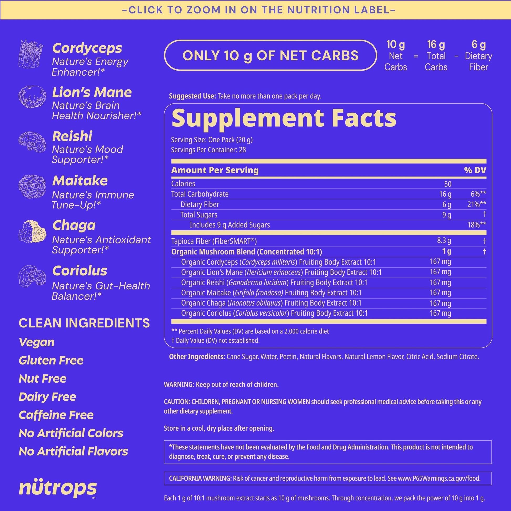 Nutrops Lions Mane Mushroom Gummies for adults, Functional Nootropics, Herbal Brain Supplement for Energy, Brain Health, Cognitive, Memory & Focus, Reishi, Chaga, Cordyceps, Coriolus, 28 daily Packs Grüns Au supplements
