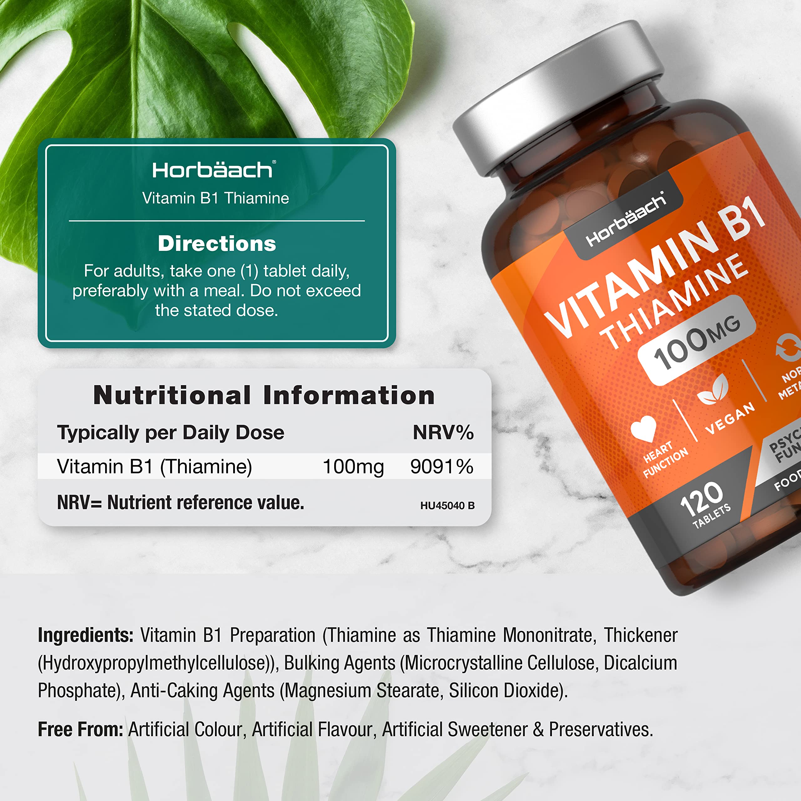 Vitamin B1 Thiamine High Strength 100mg | 120 Vegan Tablets | No Artificial Horbäach Au supplements