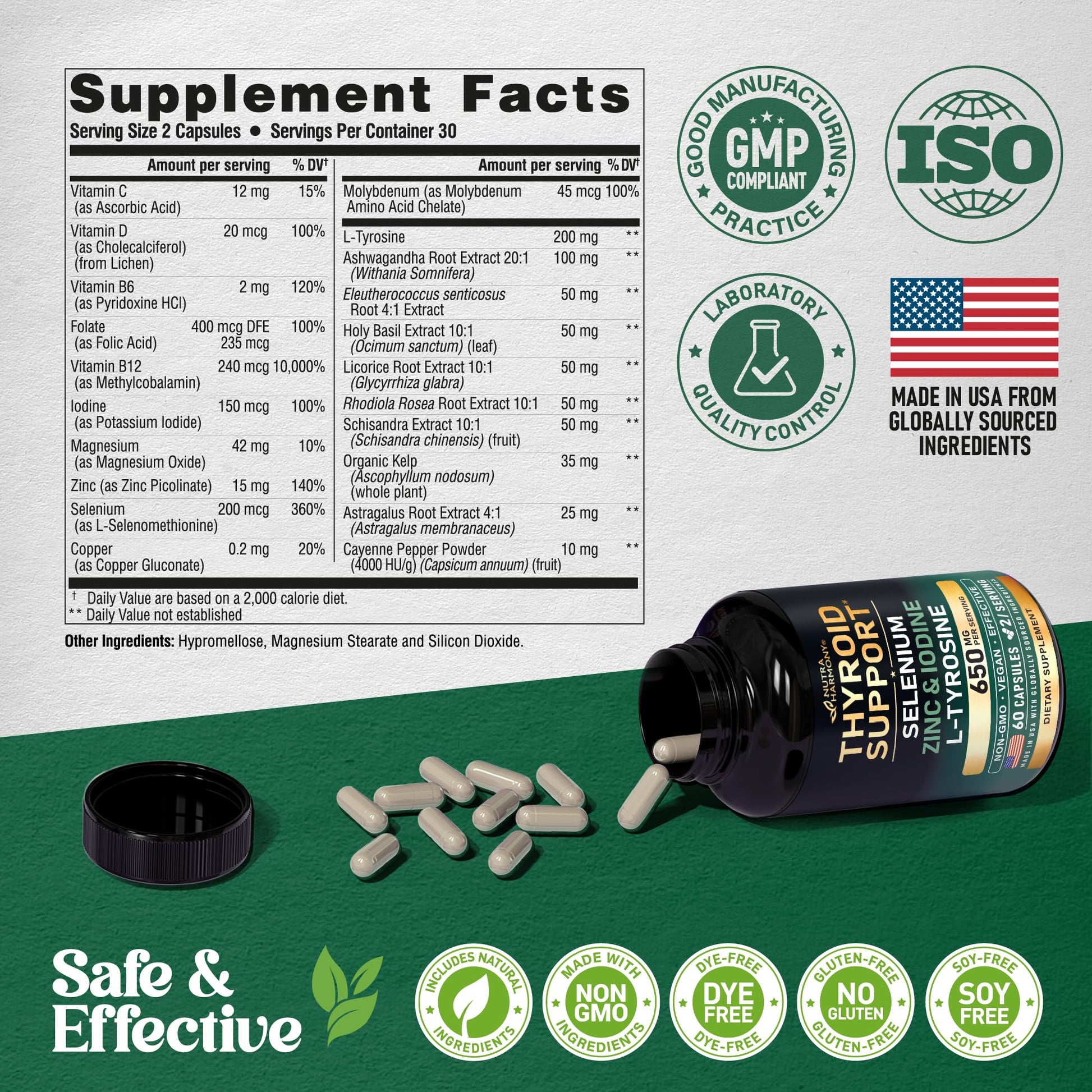 Thyroid Support for Women - Selenium 200 mcg | Astragalus | Zinc & Iodine | L-Tyrosine | Adaptogen Herbs - 21-in-1 Antioxidant & Immune Support - Made in USA - Vegan, Non-GMO, Lab Tested - 60 Capsules NUTRAHARMONY Au supplements