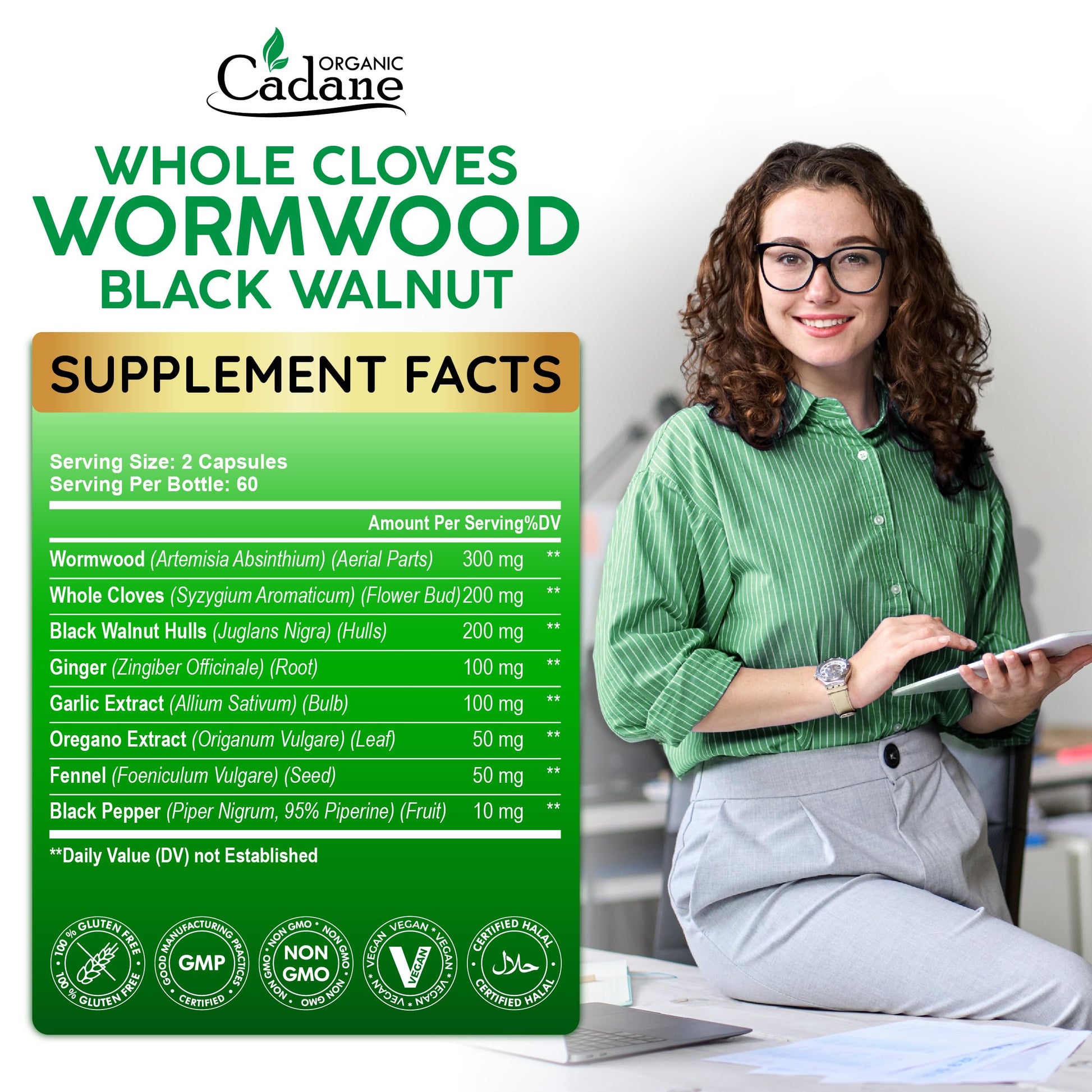 Cadane Wormwood Whole Cloves Black Walnut with Ginger, Garlic, Oregano, Fennel & Black Pepper | Digestive & Wellness Support | 120 Capsules – 60-Day Organic Cadane Au supplements