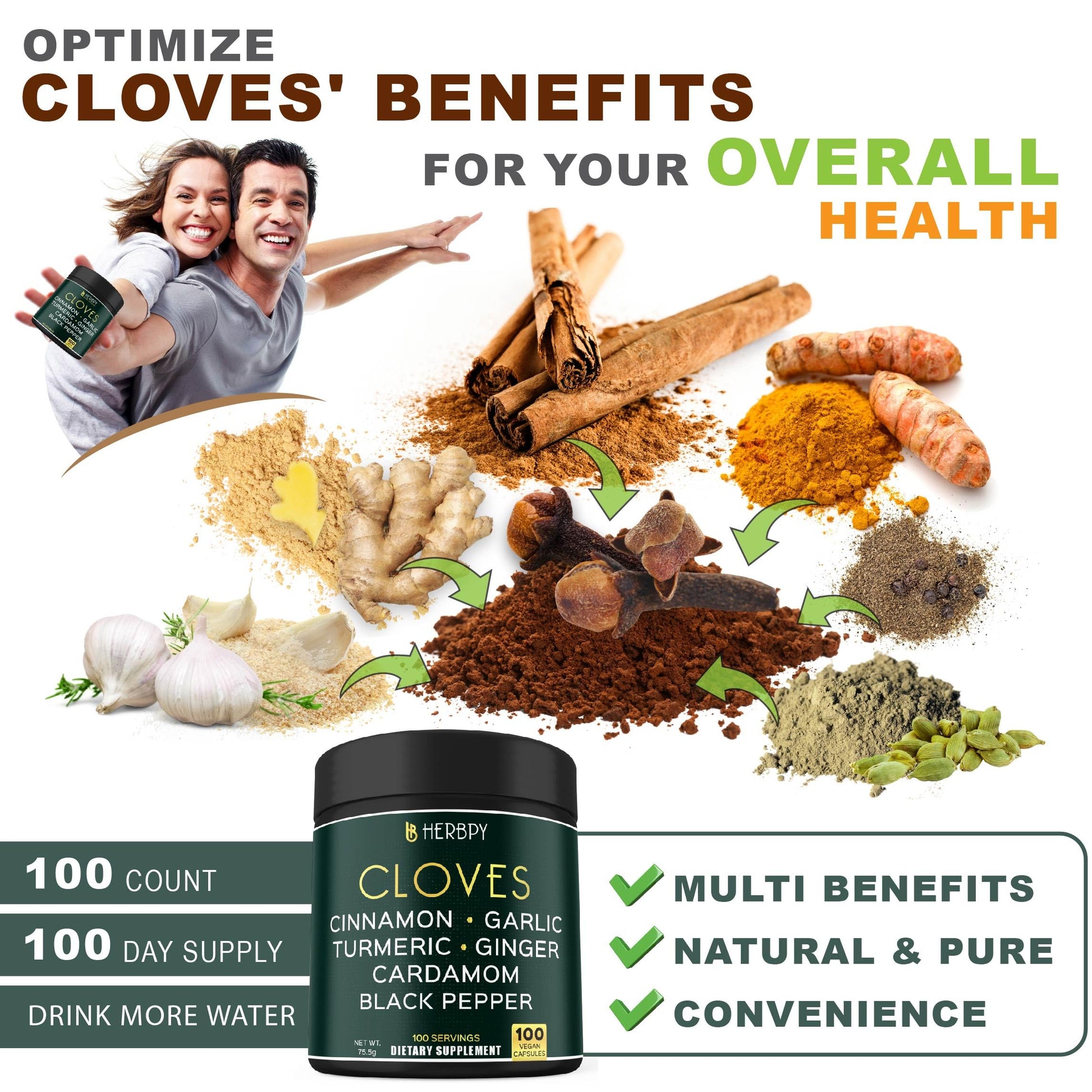 Herbpy 7in1 Clove Supplement Rich in Vitamins & Minerals Supports Digestion, Immune & Heart Health with Cinnamon, Turmeric, Ginger, Cardamom, Garlic & Black Pepper - 100 Vegan Capsules Herbpy Au supplements