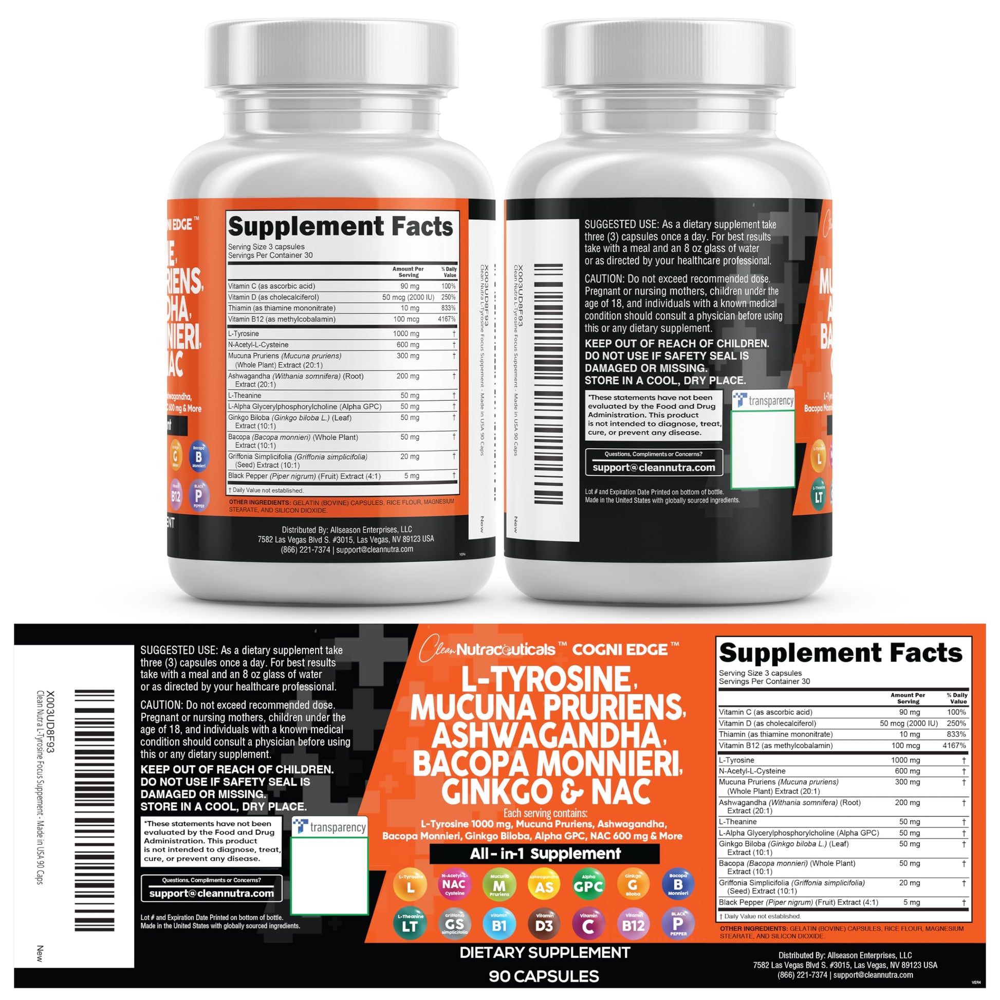 Clean Nutraceuticals L Tyrosine Mucuna Pruriens Bacopa Monnieri Ashwagandha Focus Supplement w/N-Acetyl Cysteine NAC 5-HTP Ginkgo Biloba Alpha GPC Vitamin C D B1 B12 Clean Nutraceuticals Au supplements