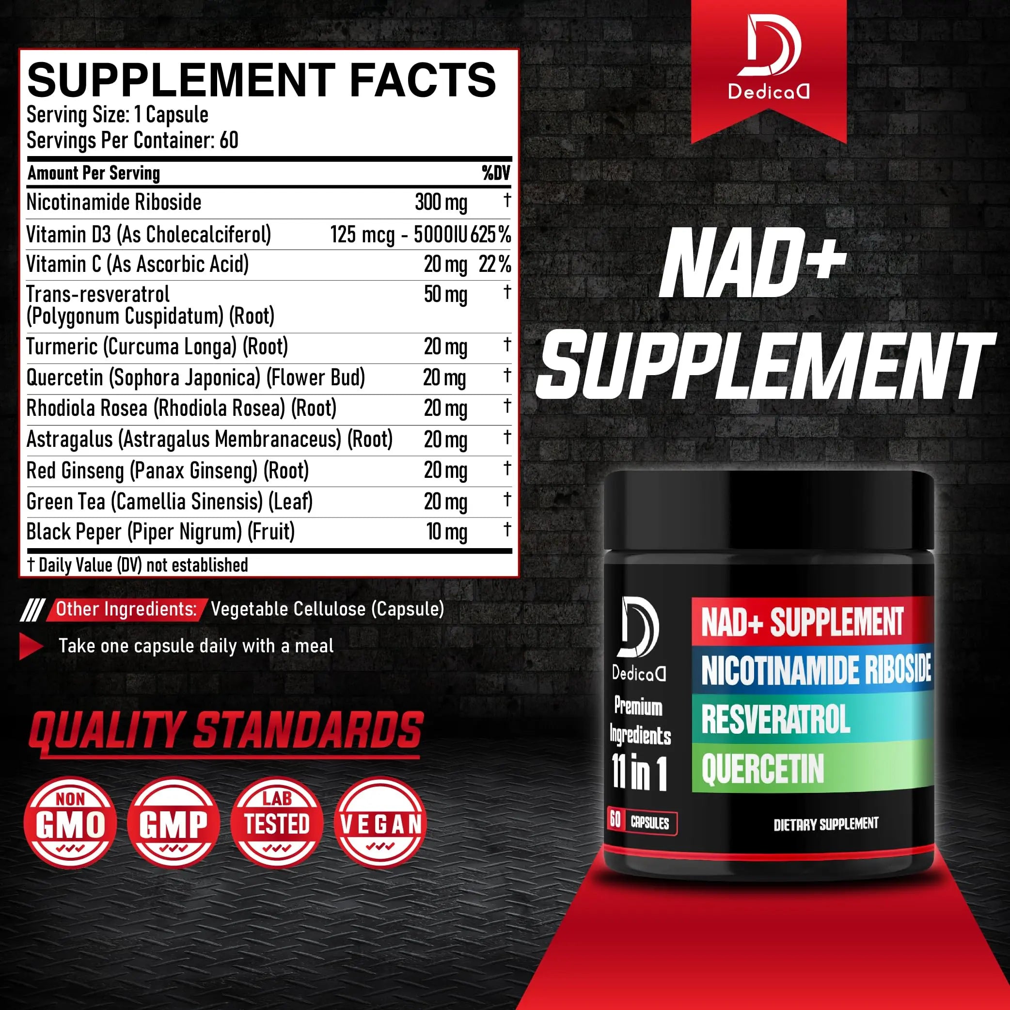 DEDICAD 11in1 NAD Supplement with Nicotinamide Riboside, Quercetin, Resveratrol and 8 More - 2 Month Supply DEDICAD Au supplements