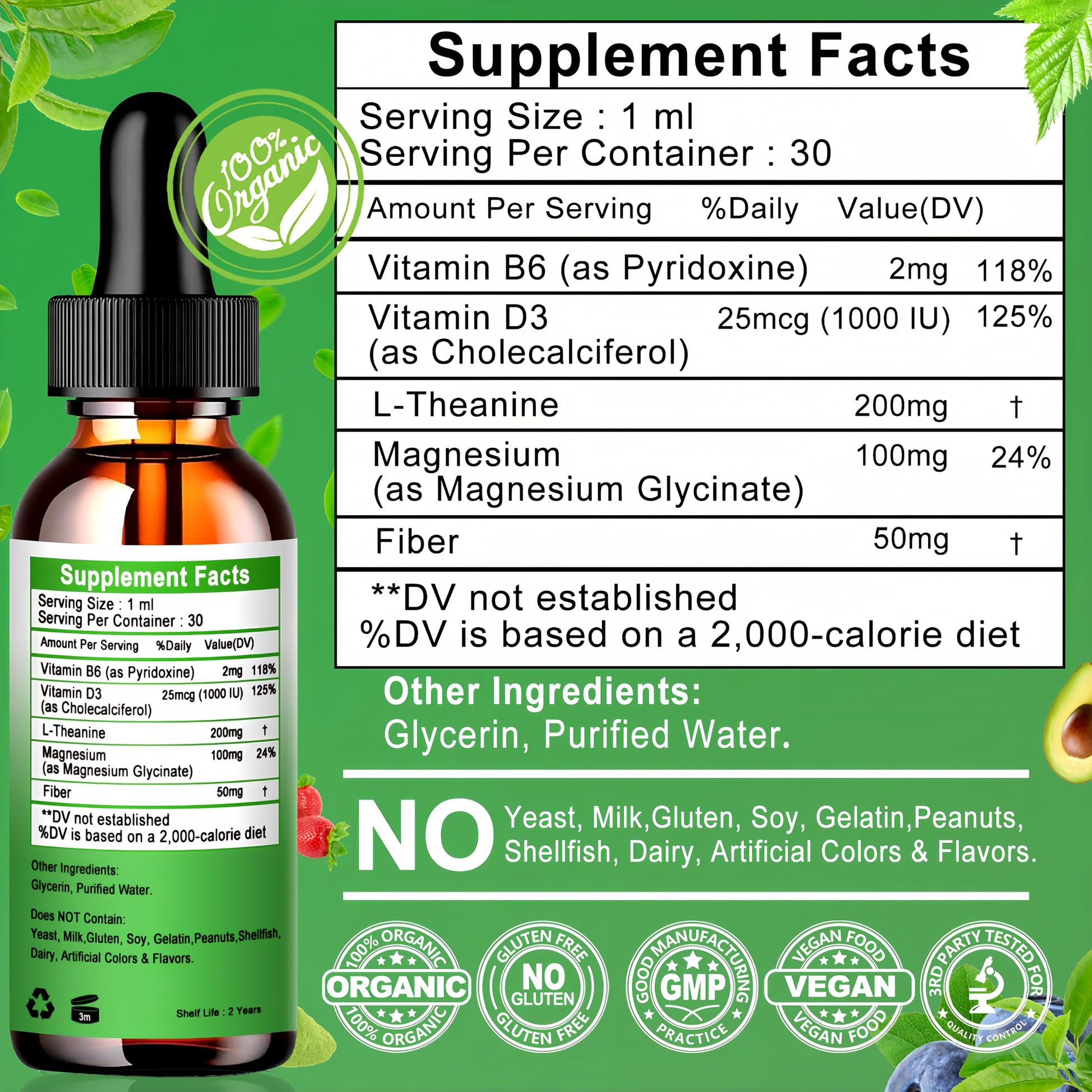 L Theanine Drops, Liquid L-Theanine Supplement 200mg w/Magnesium Glycinate,Vitamins,Fiber for Relaxation,Sleep,Digestion, Calm,High Absorption Mood Support for Adults & Kids,Plant Based,Non-GMO Vita letuo Au supplements