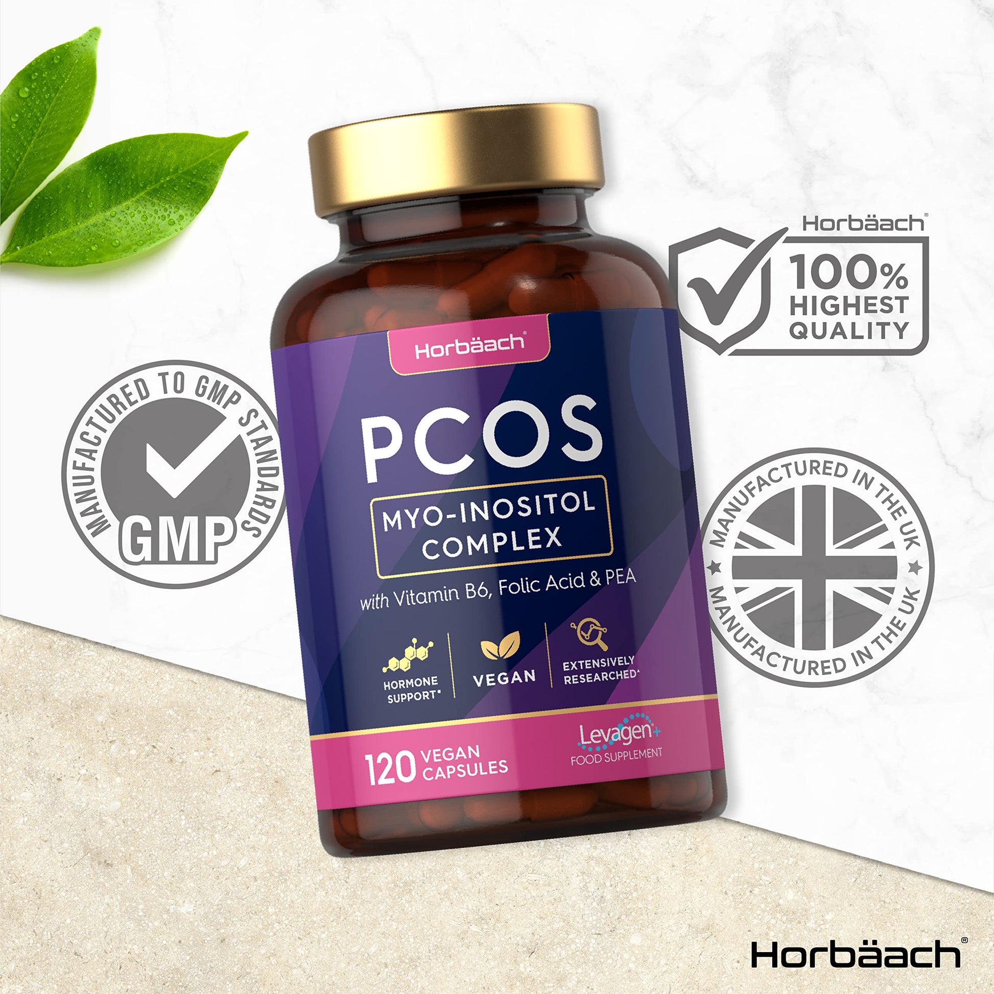 Inositol Supplement for PCOS | 120 Vegan Capsules | Myo-Inositol Complex with Folic Acid Horbäach Au supplements