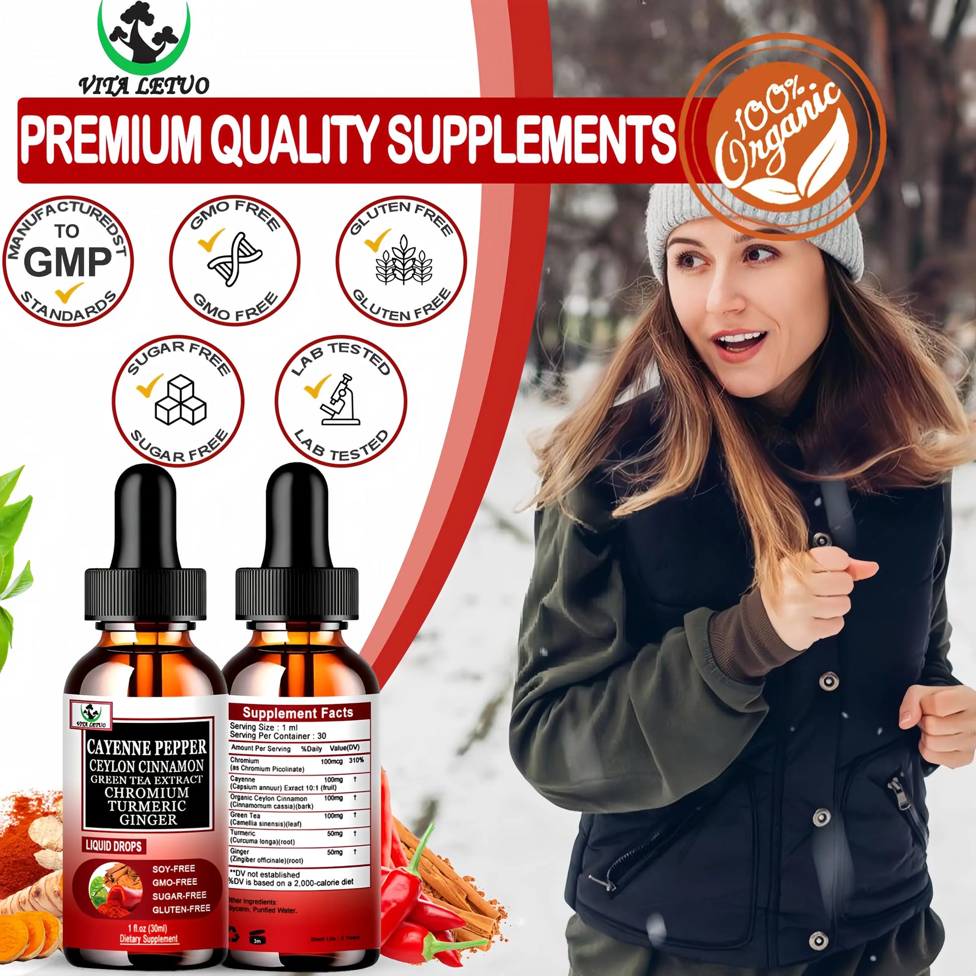Cayenne Pepper Drops, High Absorption 6-in-1 Liquid Cayenne Pepper Supplement w/Ceylon Cinnamon, Green Tea Extract, Turmeric, Organic Liquid Drops Than Cayenne Capsules Powder Vita letuo Au supplements