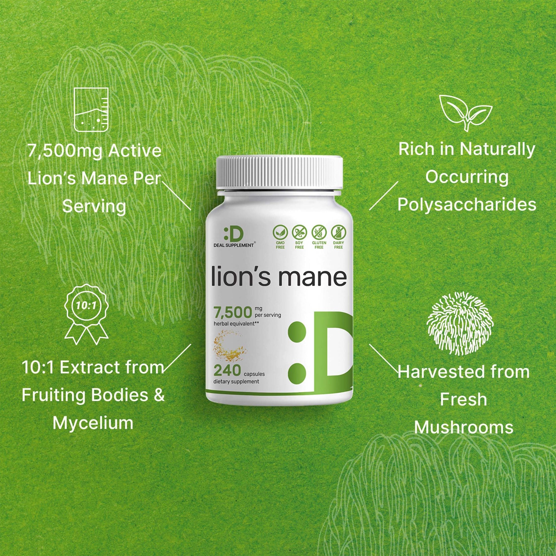 Lions Mane Mushroom Supplement, 7,500mg Per Serving, 240 Capsules – Active Fruiting DEAL SUPPLEMENT Au supplements