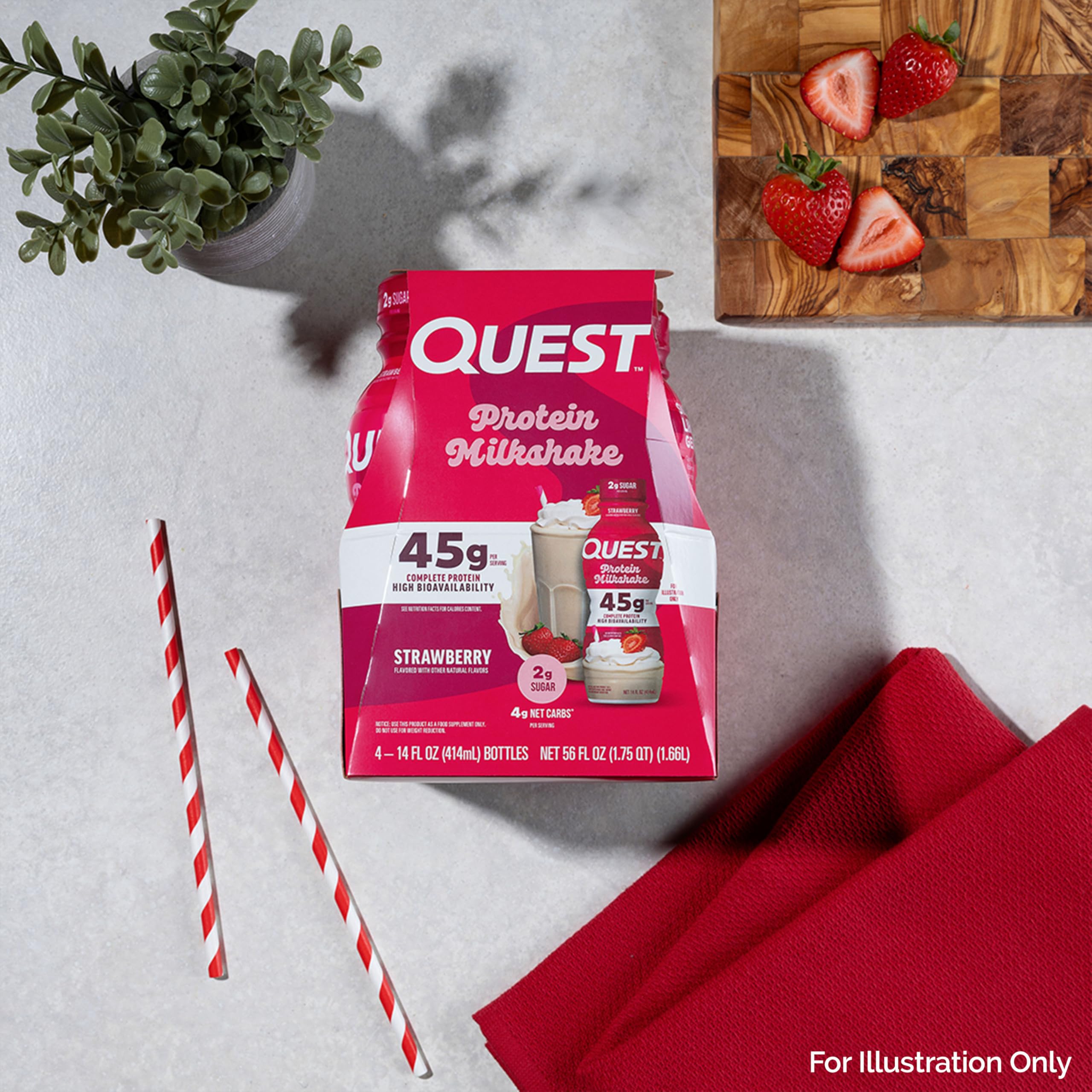 Quest Nutrition Strawberry Protein Shake, 45g Protein, 2g Sugar, 4g Net Carbs, Ready to Drink, Gluten Free, 4 Count