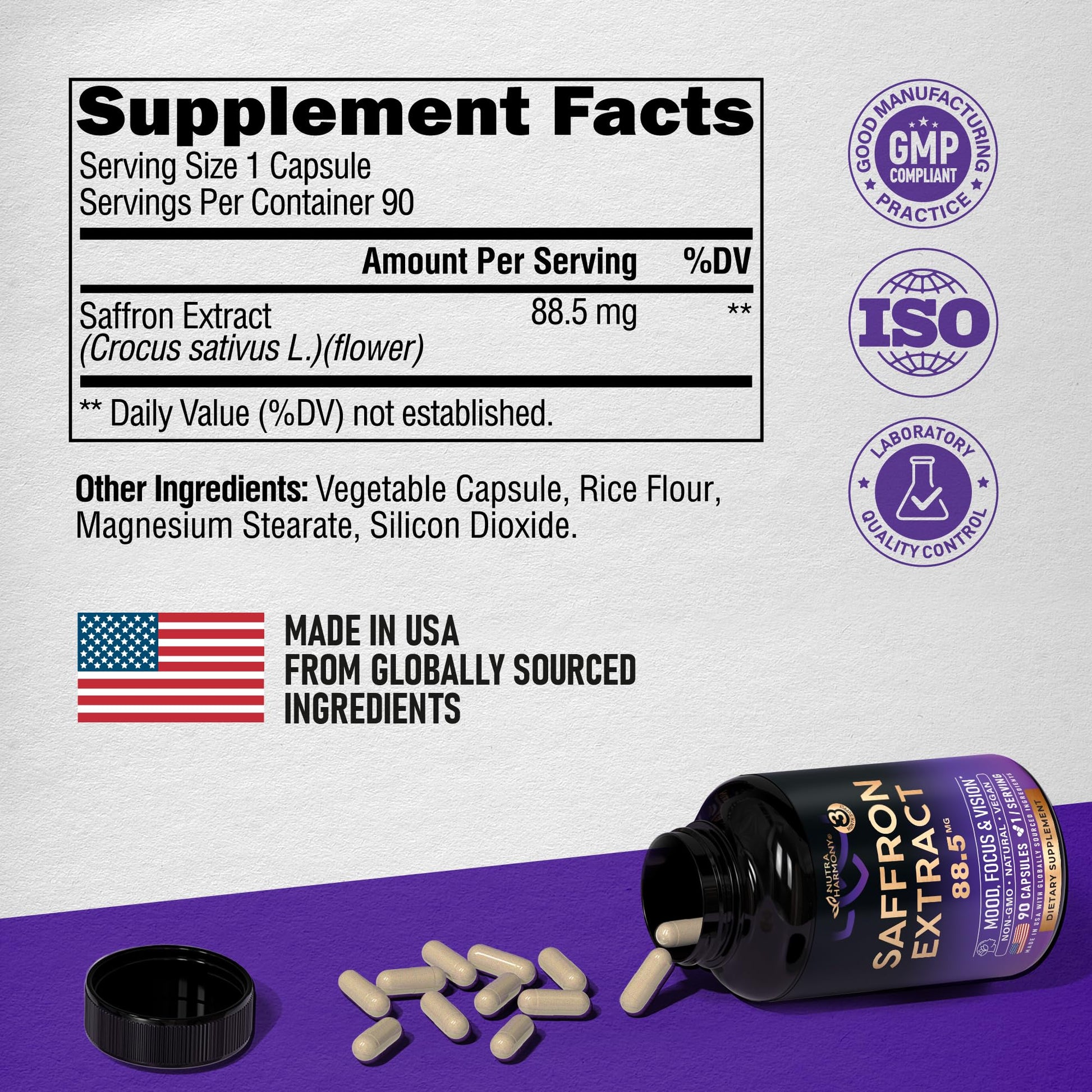 Natural Saffron Supplements - Pure Saffron Extract 88.5 mg - Made in USA - Mood | Focus | Vision | Energy Support - Eye Health for Women & Men - NonGMO Vegan Pills - 90 Powder Capsules, 3 Month Supply NUTRAHARMONY Au supplements