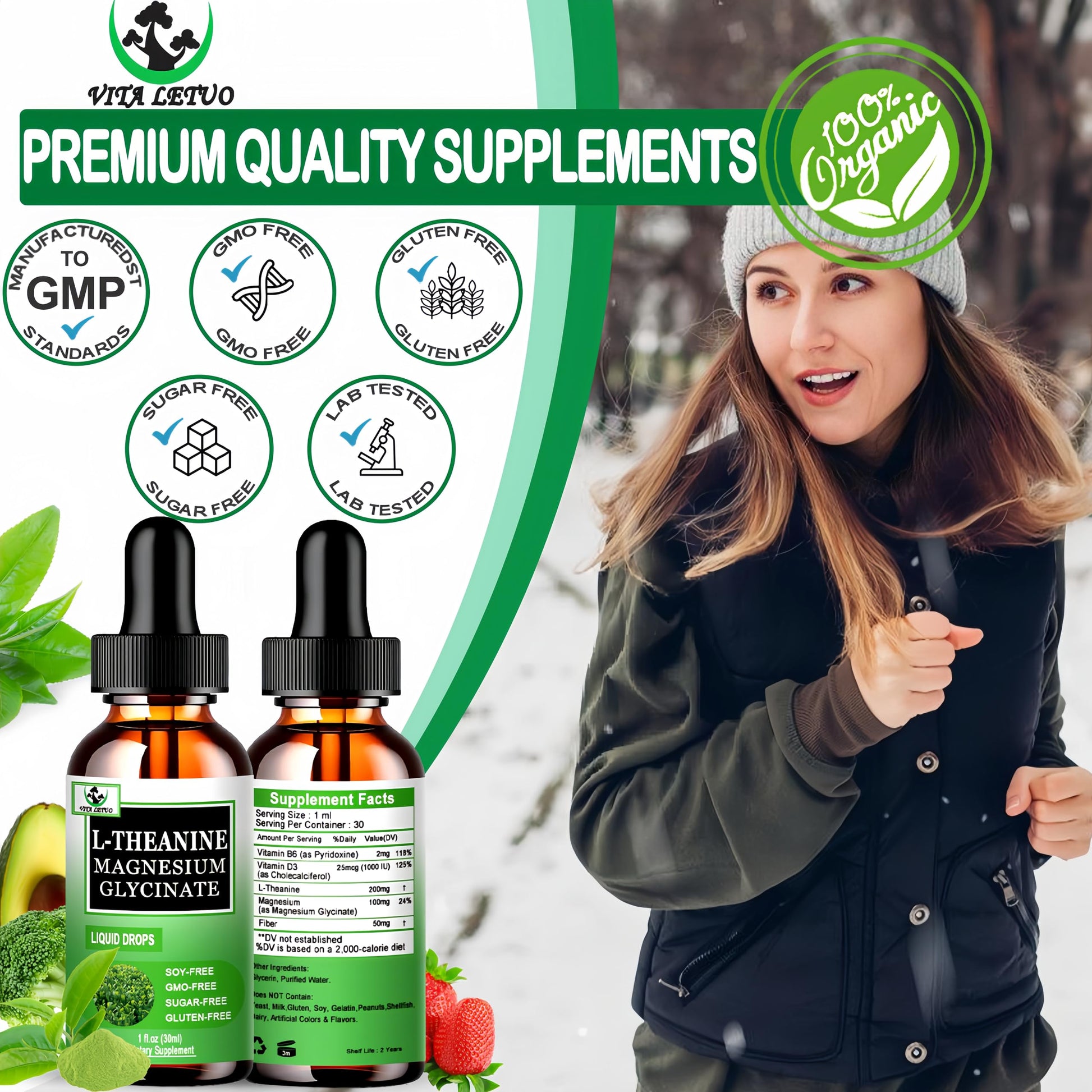 L Theanine Drops, Liquid L-Theanine Supplement 200mg w/Magnesium Glycinate,Vitamins,Fiber for Relaxation,Sleep,Digestion, Calm,High Absorption Mood Support for Adults & Kids,Plant Based,Non-GMO Vita letuo Au supplements
