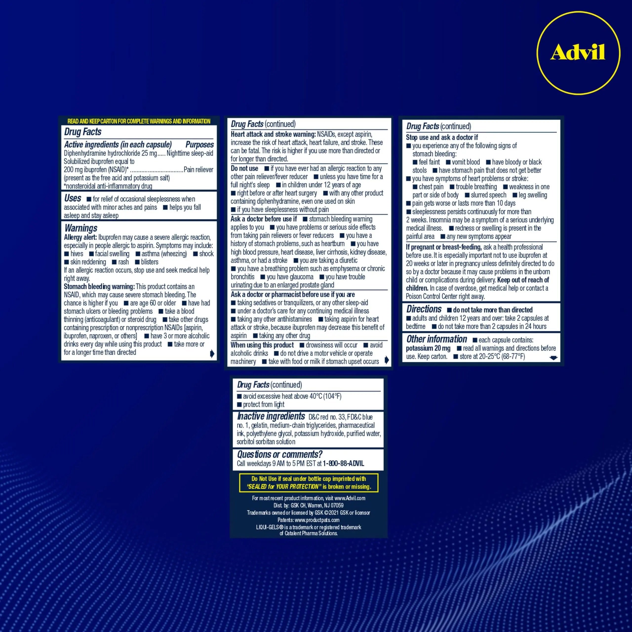 Advil PM Liqui-Gels Pain Reliever and Nighttime Sleep Aid, Pain Medicine with Ibuprofen for Pain Relief and Diphenhydramine HCL for a Sleep Aid - 2x80 Liquid Filled Capsules Advil Au supplements