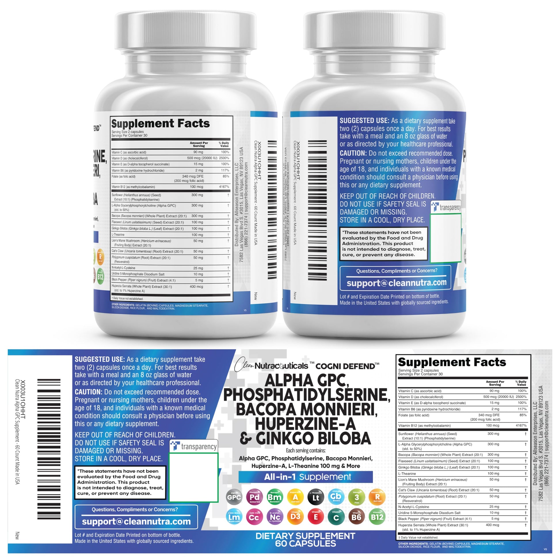 Brain Supplement Alpha GPC 300mg Phosphatidylserine Bacopa Monnieri Ginkgo Biloba Lions Mane Huperzine A L-Theanine NAC Nootropic Memory Focus Cognitive Support Vitamins B C D E 60 Capsules USA Clean Nutraceuticals Au supplements