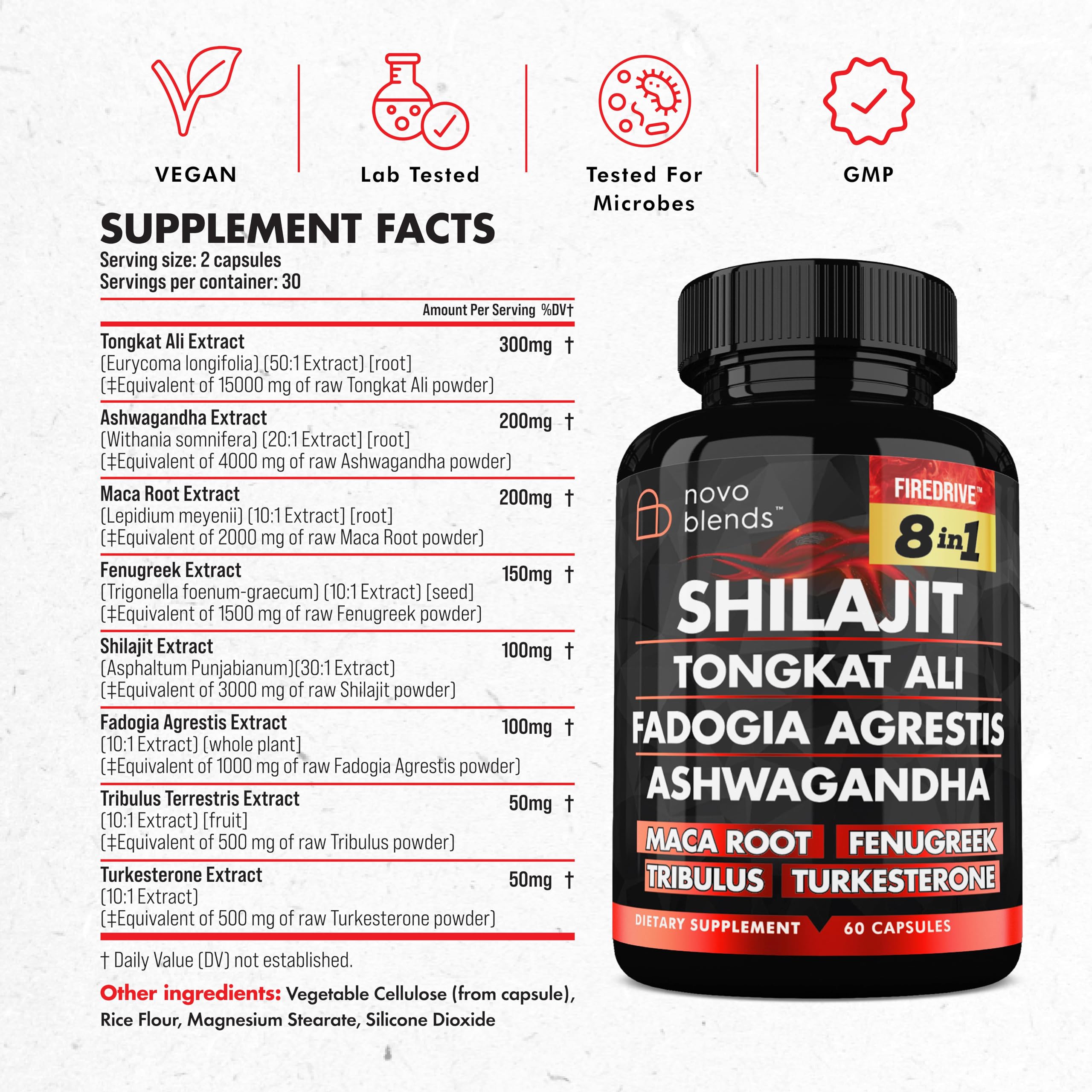Shilajit 3000mg Tongkat Ali 15,000mg Fadogia Agrestis 1000mg Maca Root 2000mg Ashwagandha 4000mg Fenugreek 1500mg Tribulus Terrestris 500mg Turkesterone 500mg, 8-in-1 Supplement Blend for Men Novo Blends Au supplements