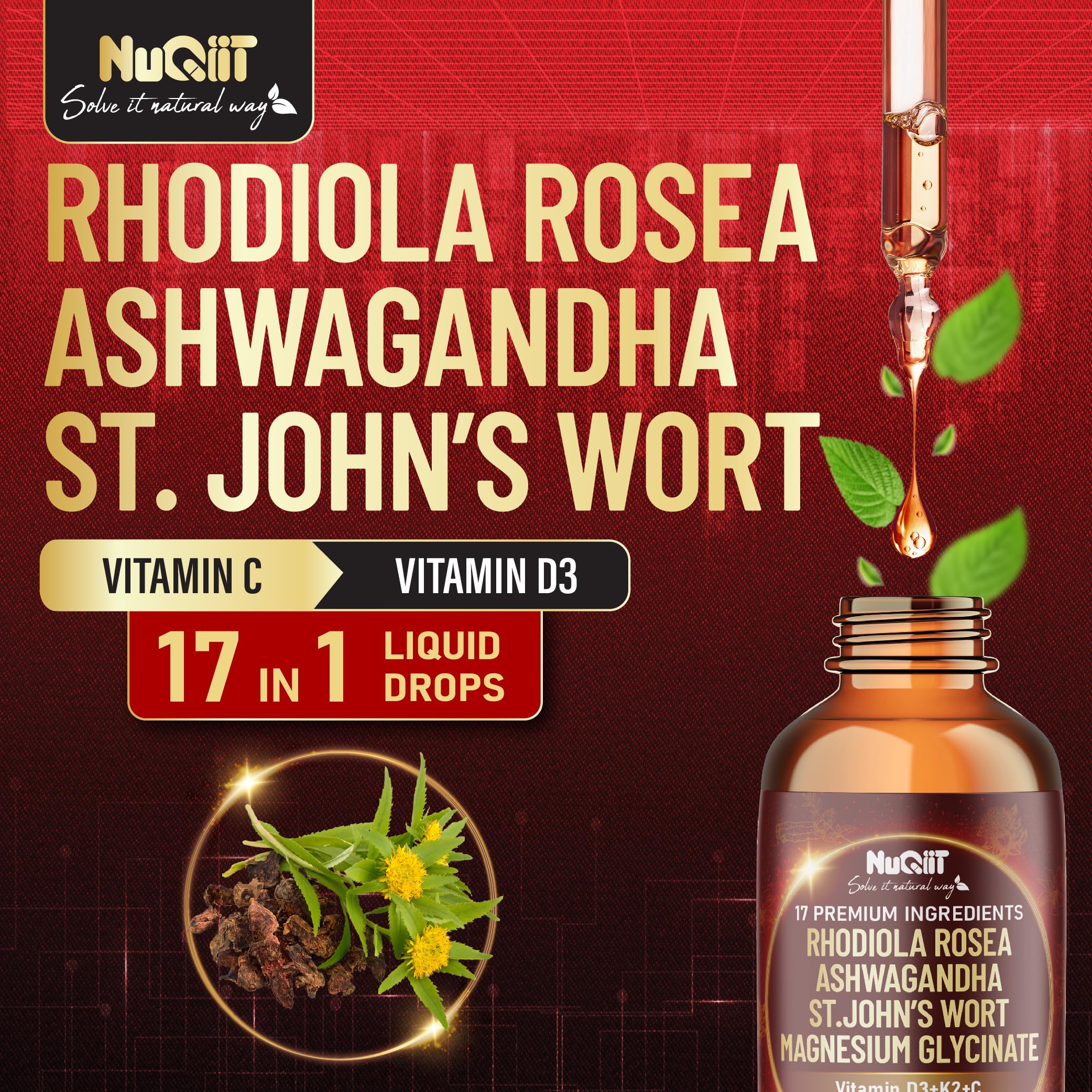 NUQIIT 17in1 Rhodiola Rosea Liquid Drops Tincture w/Ashwagandha Magnesium, L-Theanine. Ultra Rhodiola Cortisol Supplement, Rhodiola Root for Mood, Energy - 1 FL Oz - 60 Day Supply NUQIIT Au supplements